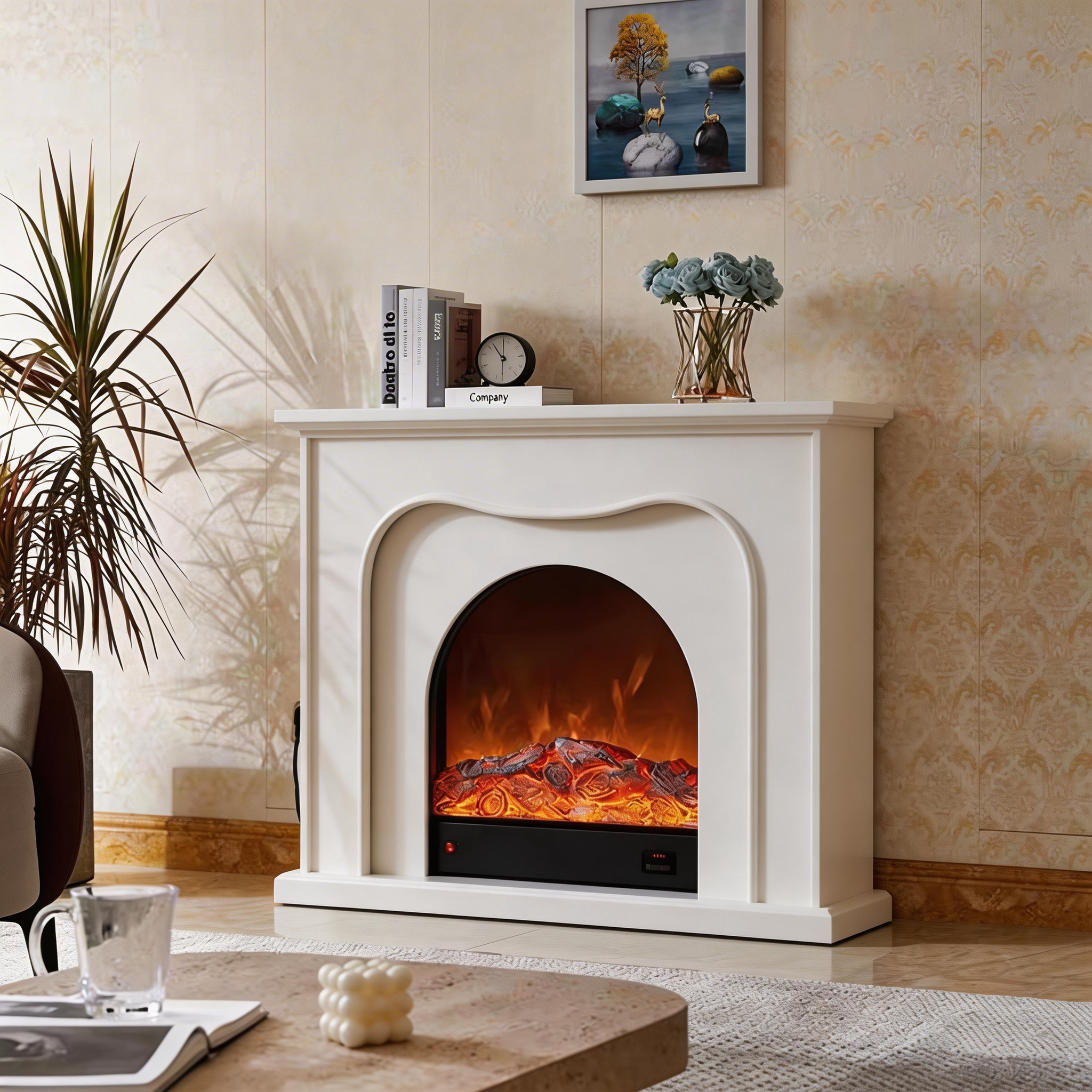 Minimalist French Cream Style Arched Electric Fireplace Aurora 9