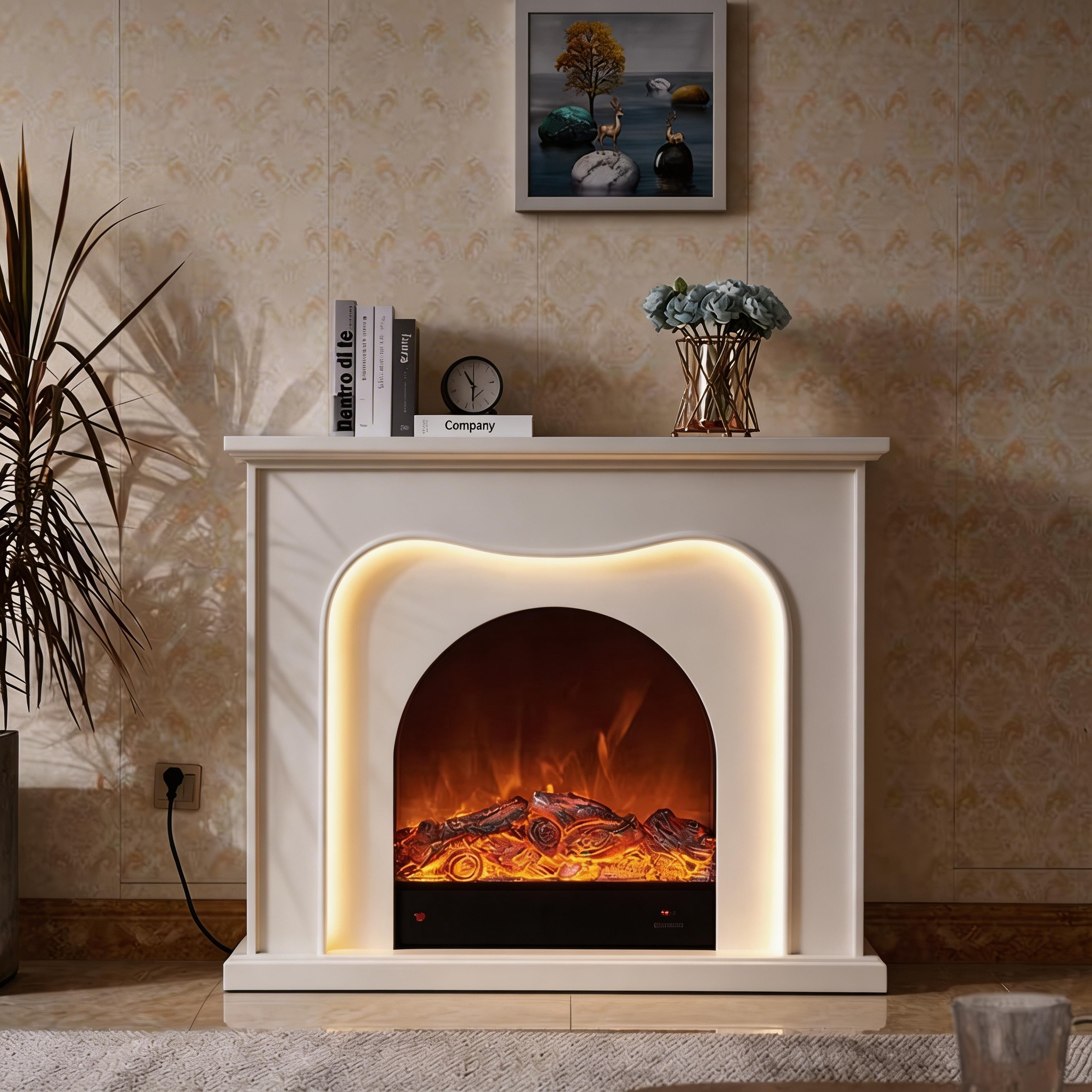 Minimalist French Cream Style Arched Electric Fireplace Aurora 9