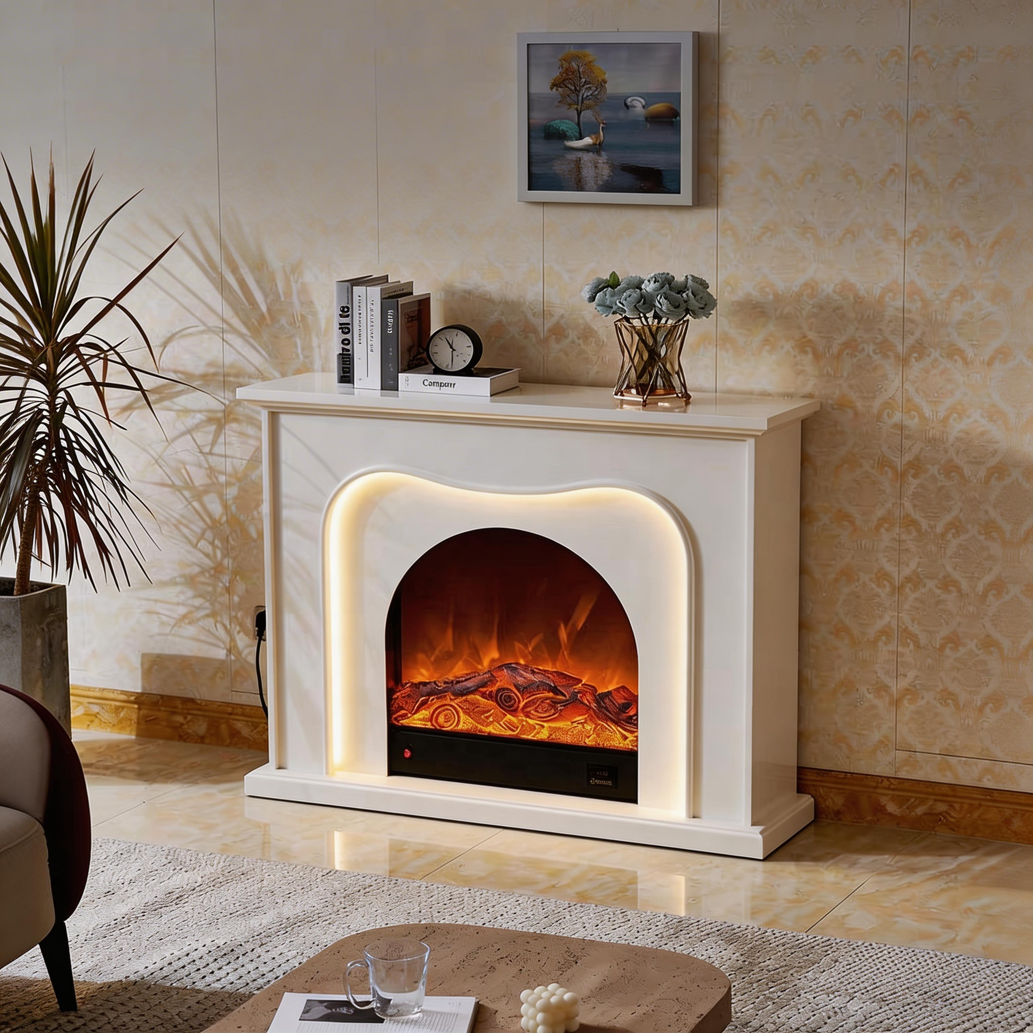 Minimalist French Cream Style Arched Electric Fireplace Aurora 9