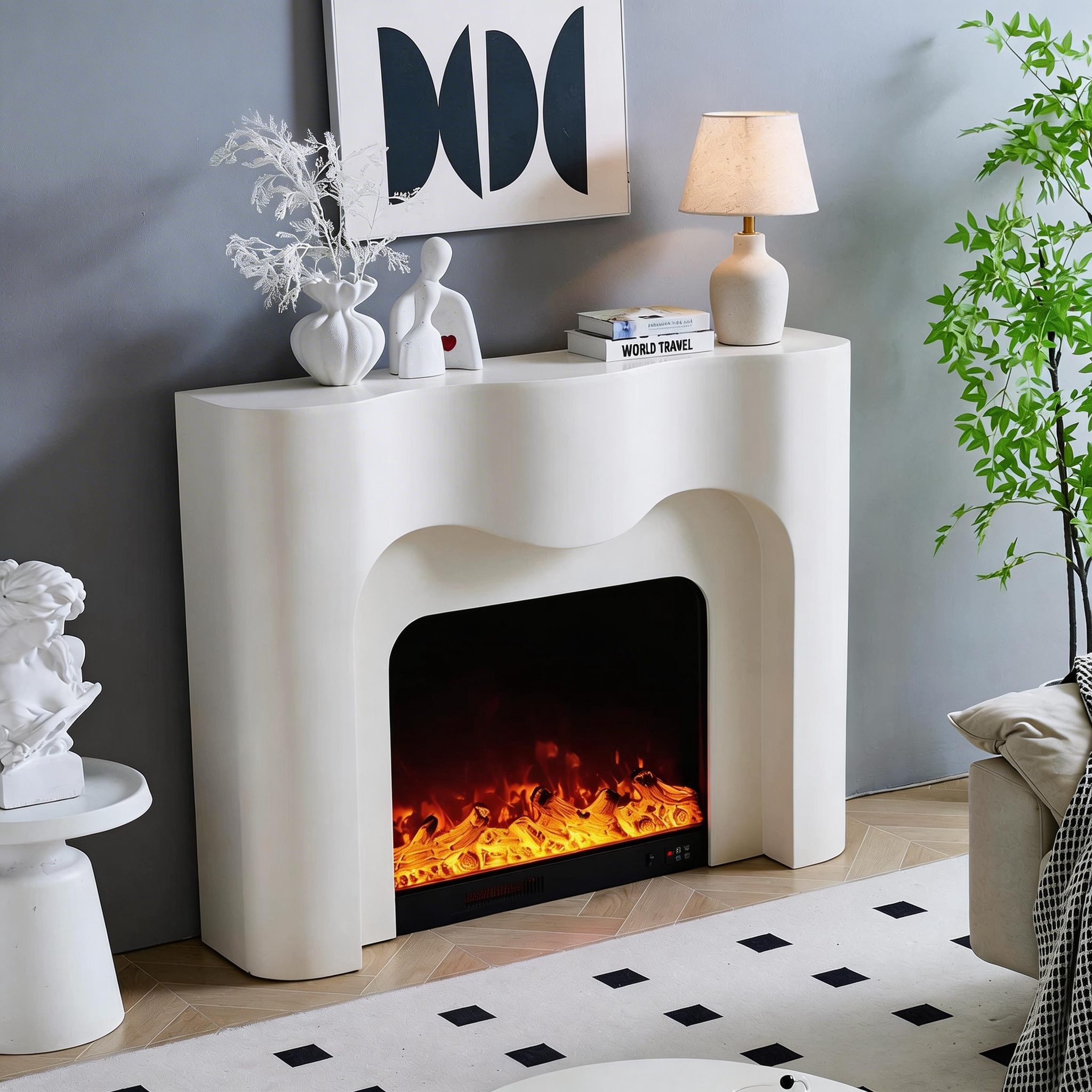 Modern Minimalist French Cream Wavy Arched Electric Fireplace Aurora 10
