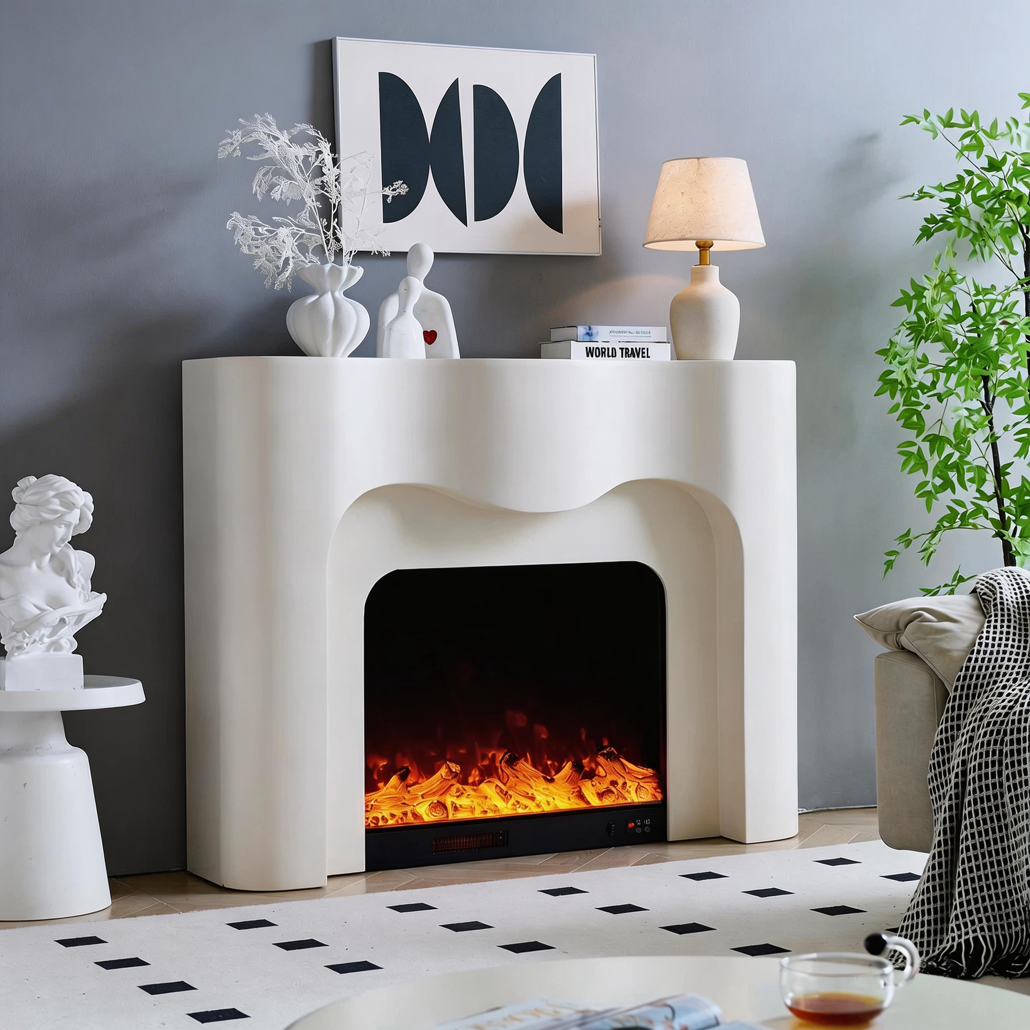 Modern Minimalist French Cream Wavy Arched Electric Fireplace Aurora 10