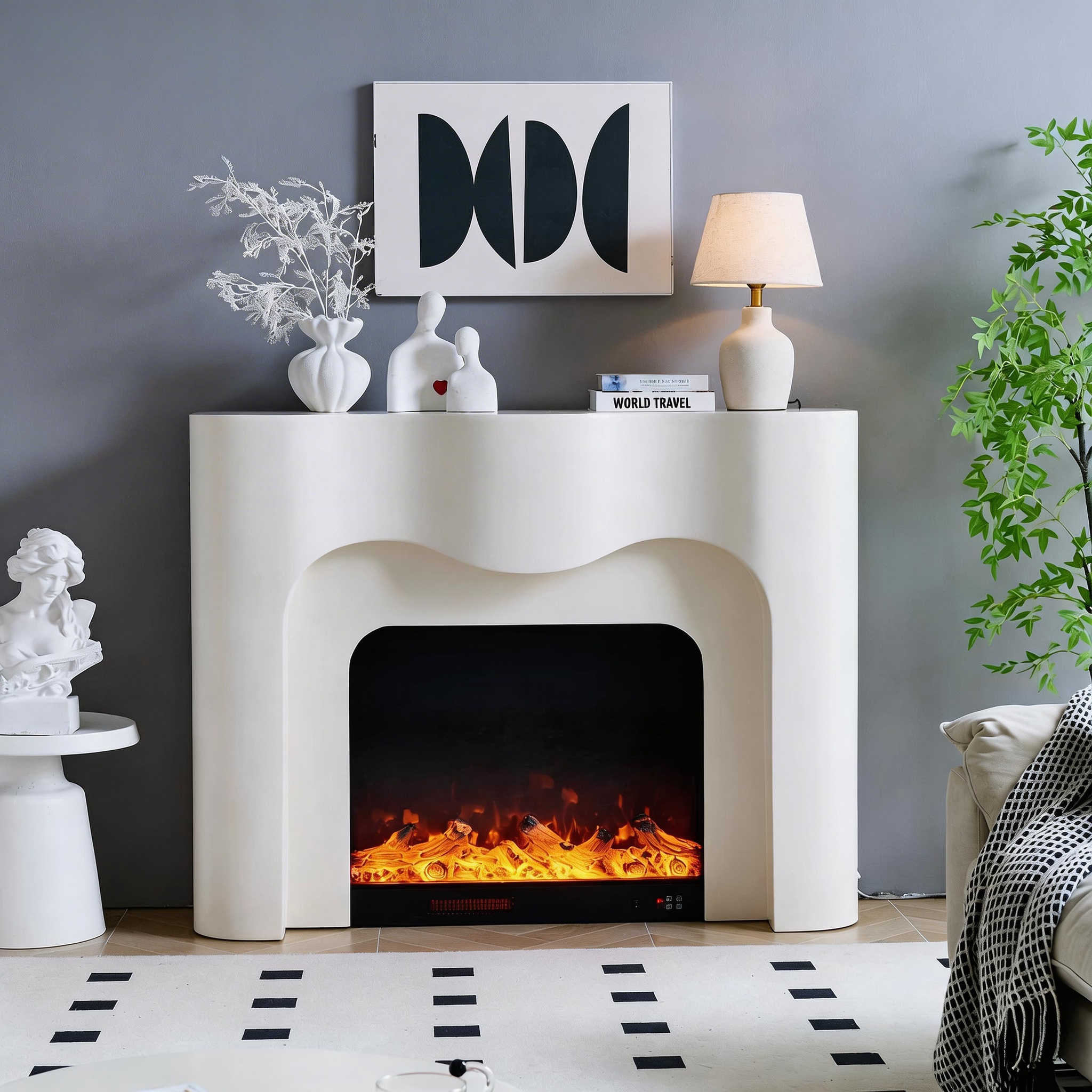 Modern Minimalist French Cream Wavy Arched Electric Fireplace Aurora 10