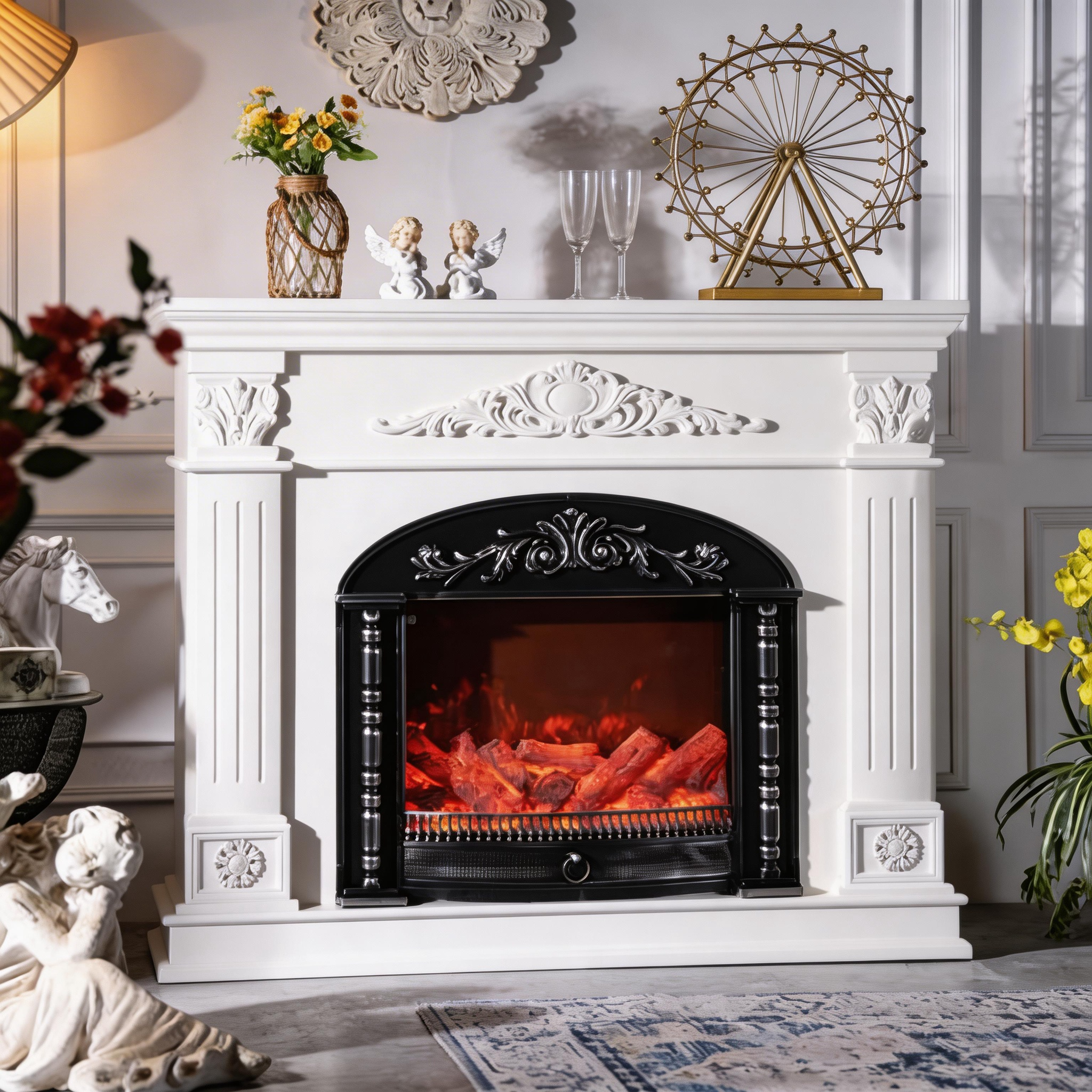 European Classic Ornate Carved Electric Fireplace Aurora7
