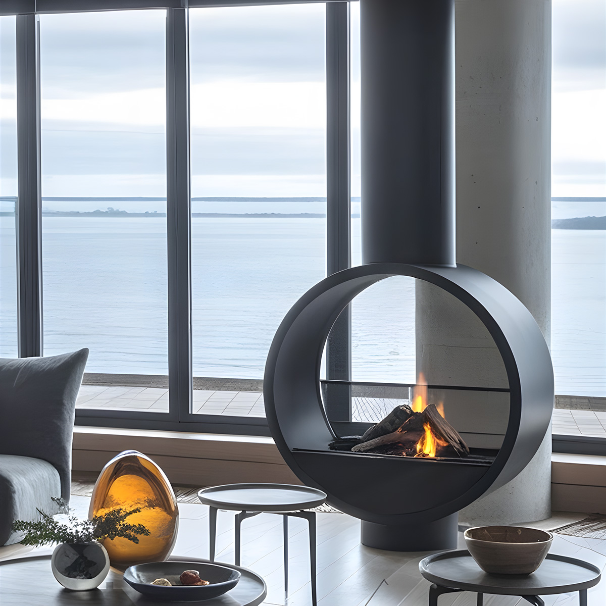 Artistic Ring Suspended Wood Burning Fireplace Ash 1-Hearthartsinn