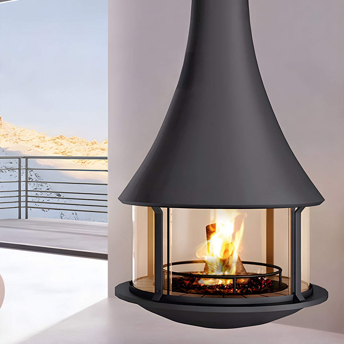 Cylindrical suspended glass wood burning fireplace Ash 2-Hearthartsinn