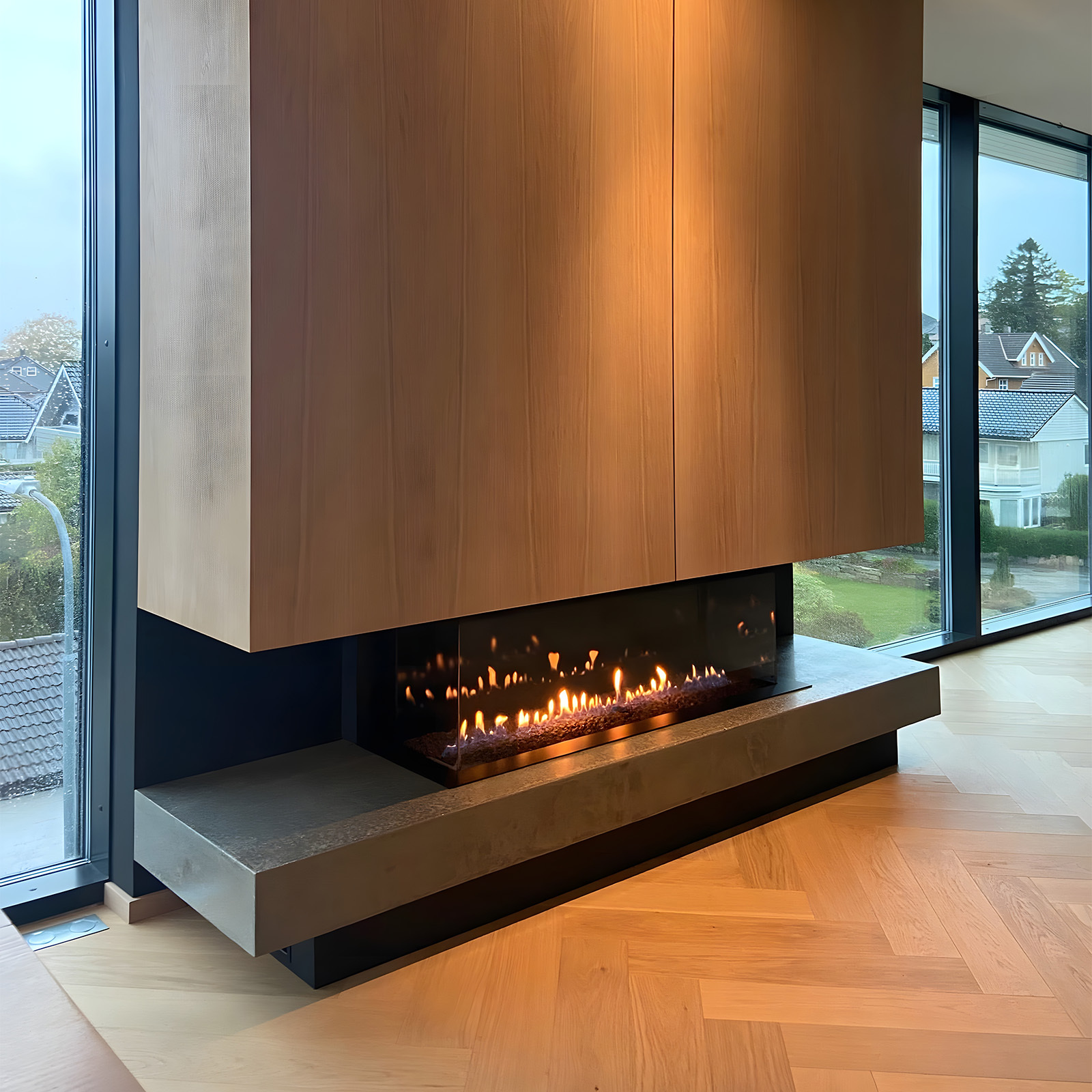 Custom three-sided glass gas embedded fireplace