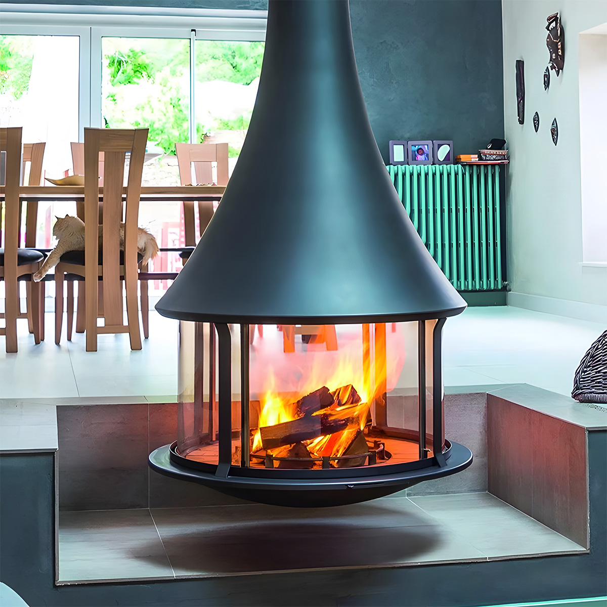 Cylindrical suspended glass wood burning fireplace Ash 2-Hearthartsinn