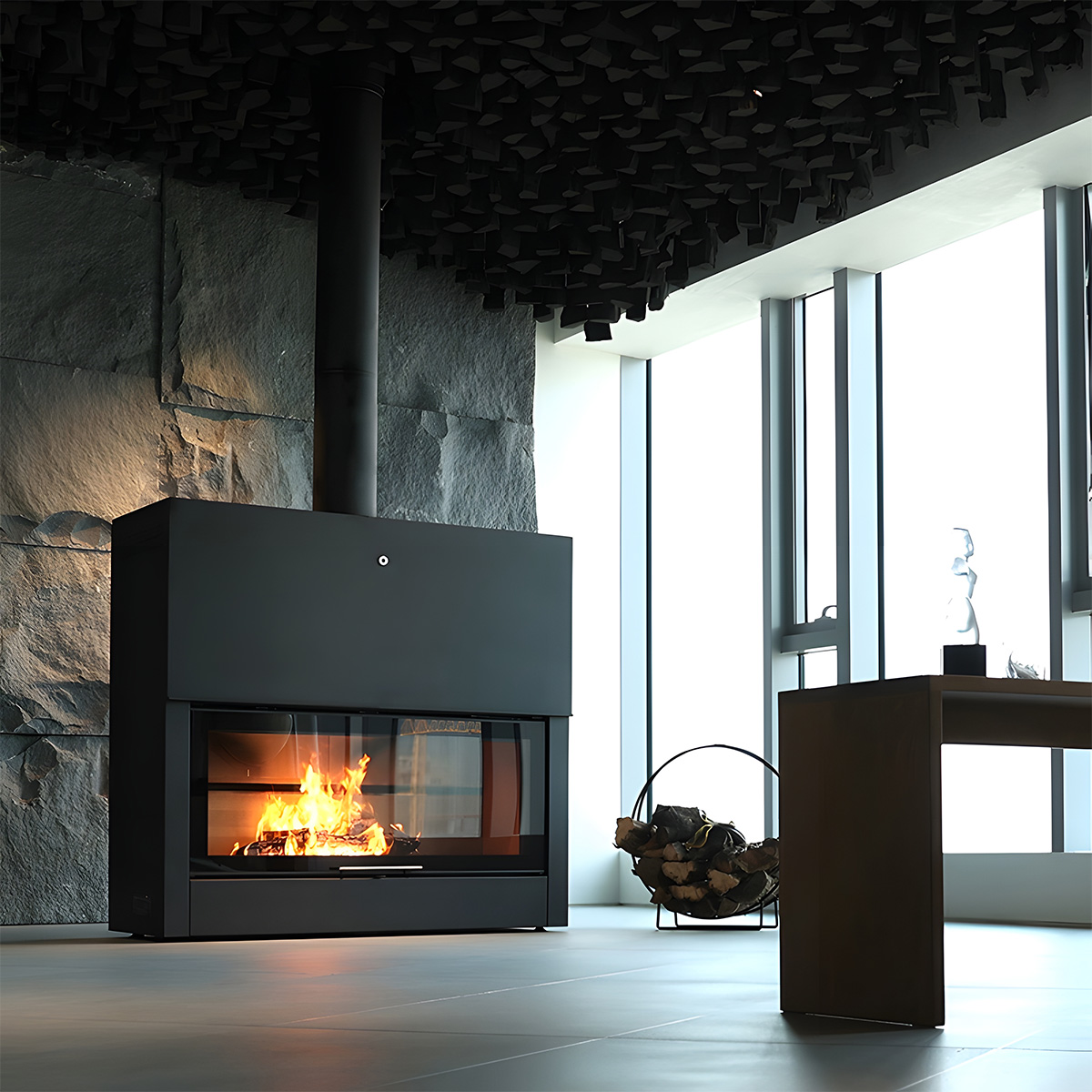 European style wood burning built-in fireplace with sliding door Ash7