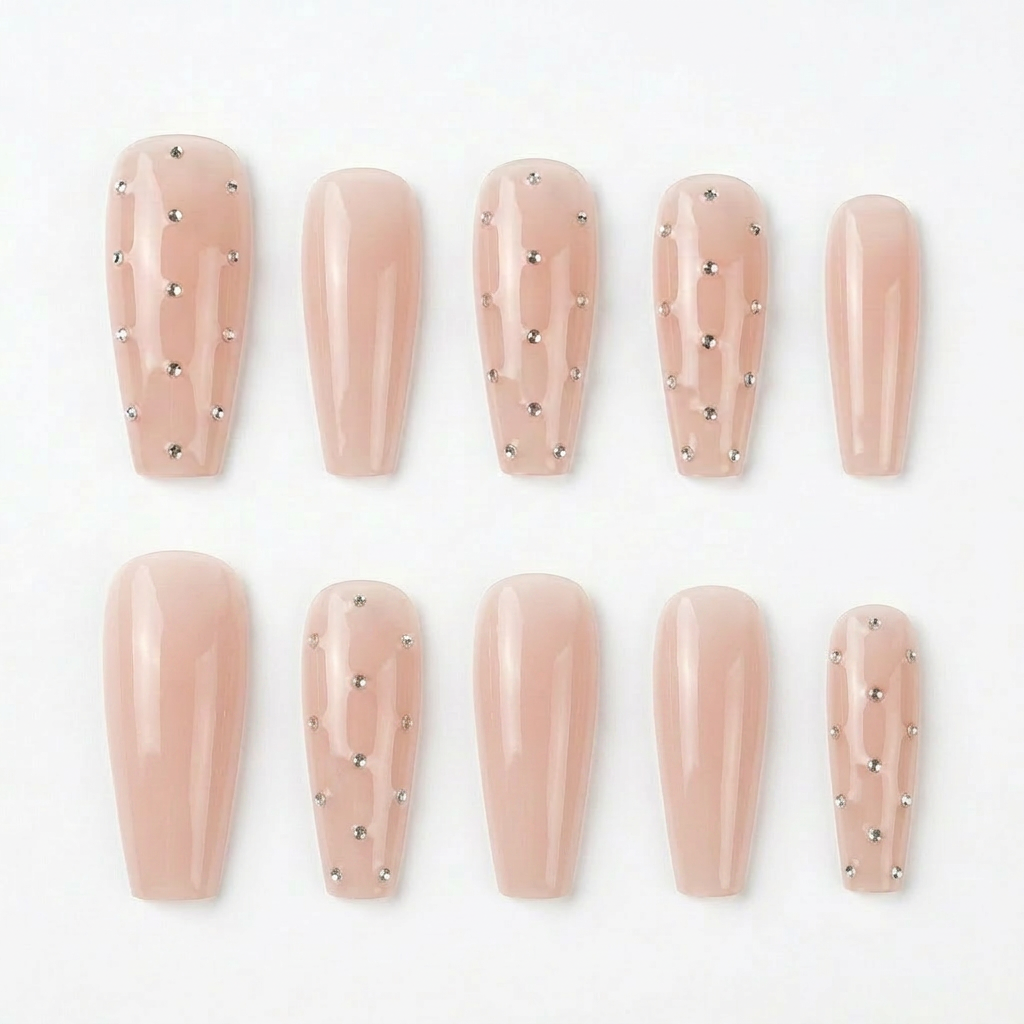 Nude Rhinestone Accent Coffin Press-On Nails | Elegant & Minimalist | Customizable