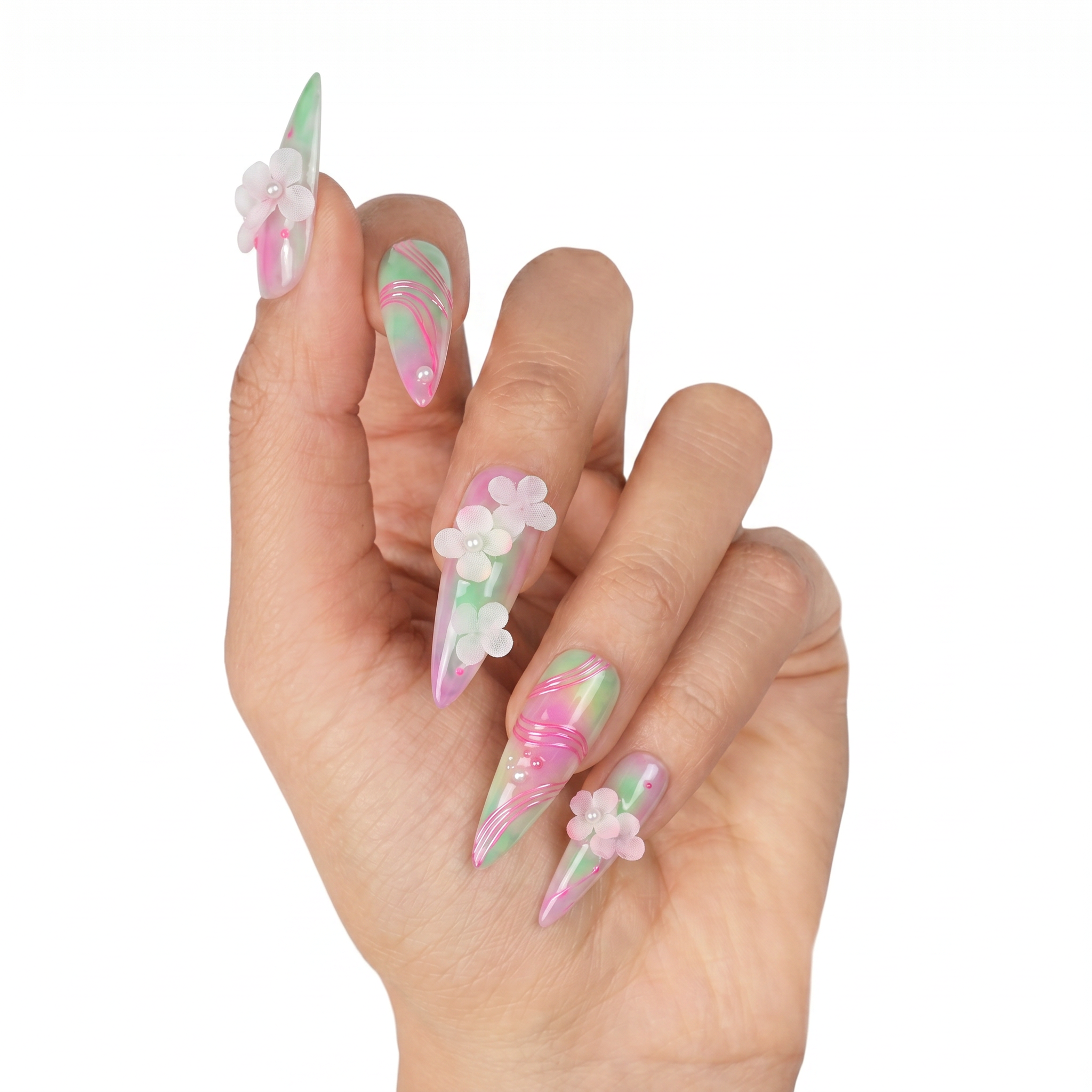 Dreamy mint green and pink watercolor press-on nails with hot pink 3D swirls and handcrafted 3D white flowers.