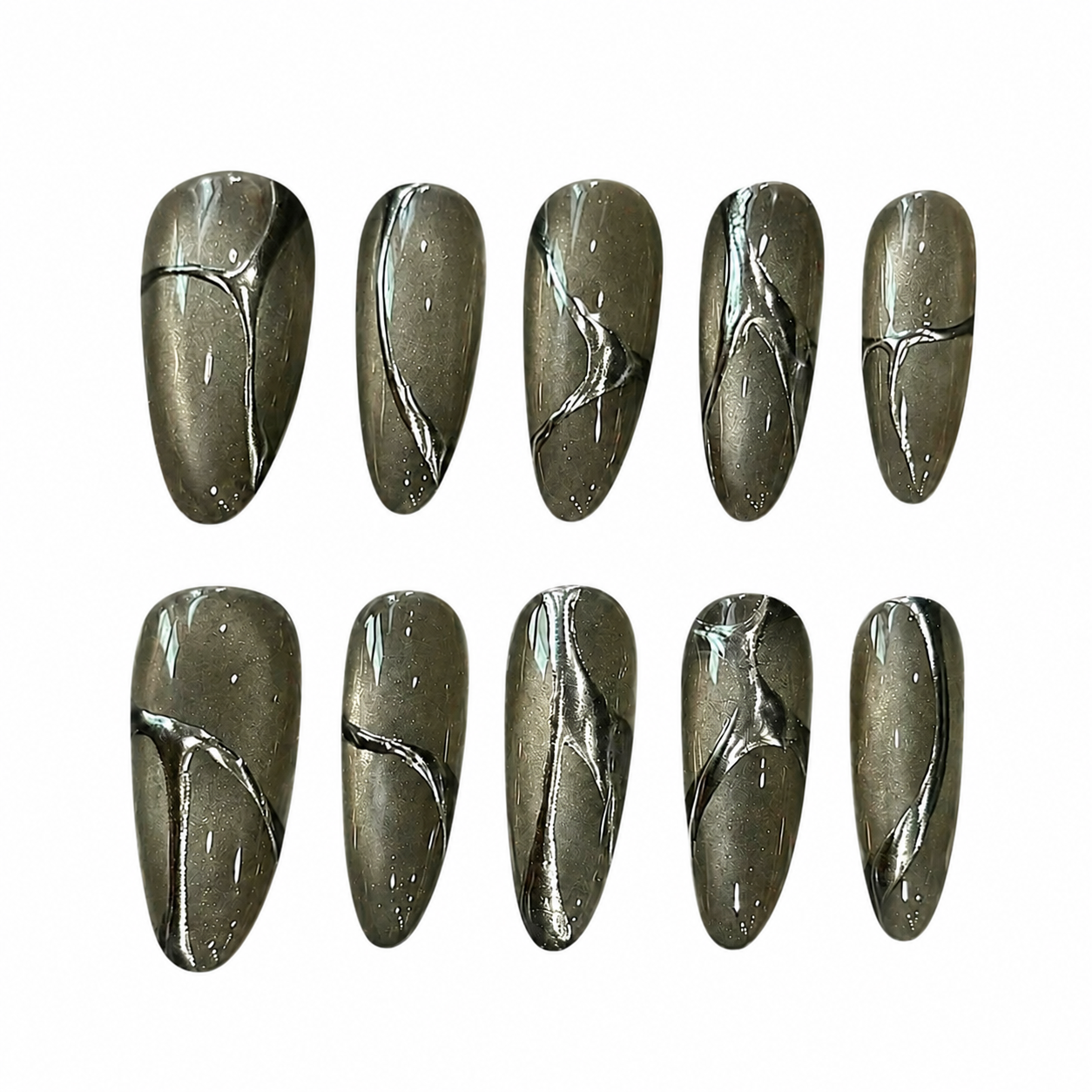 Glossy almond press-on nails with a smoky grey cat-eye shimmer, decorated with hand-painted 3D fluid silver chrome lines.