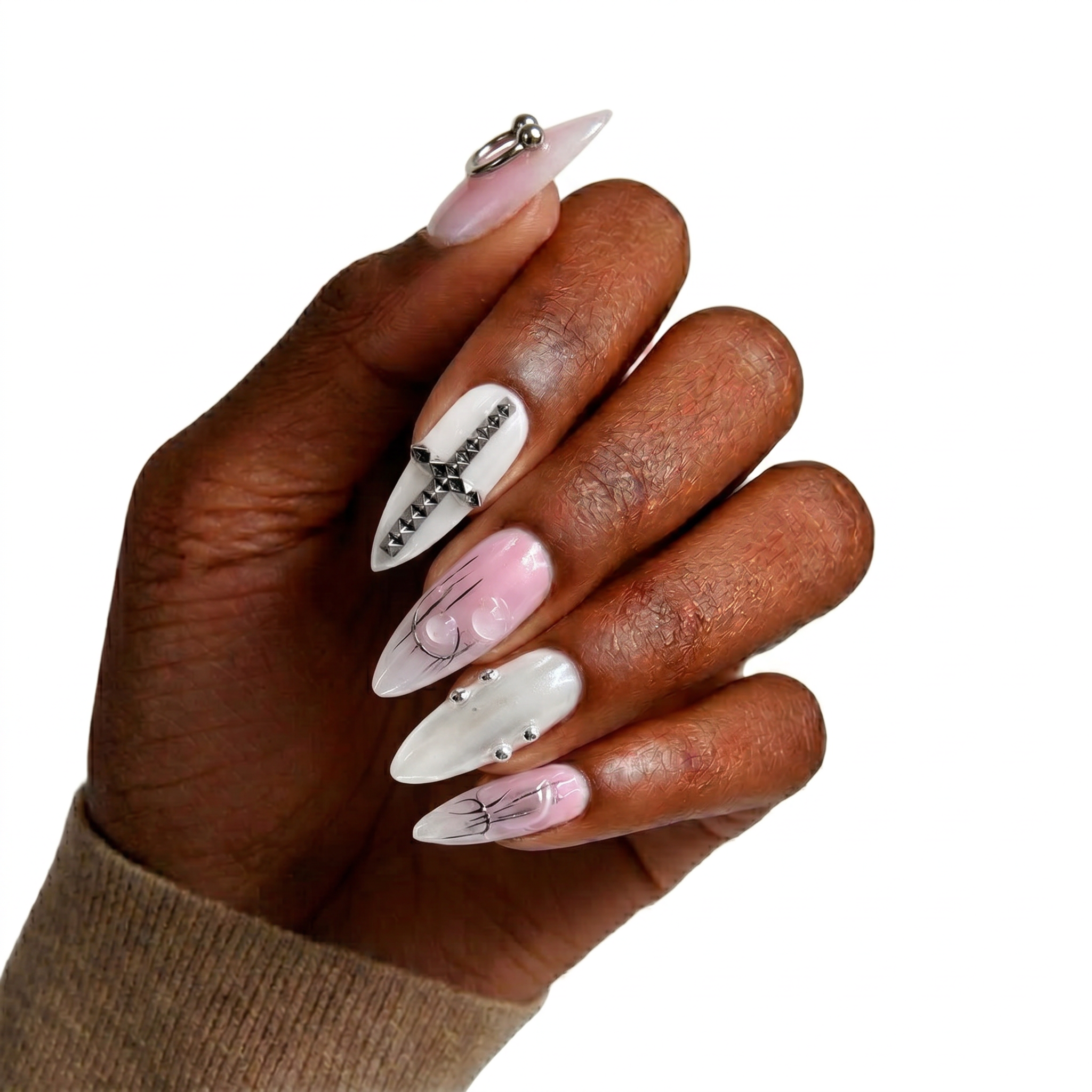 Gothic Pink Chrome Pierced Nails