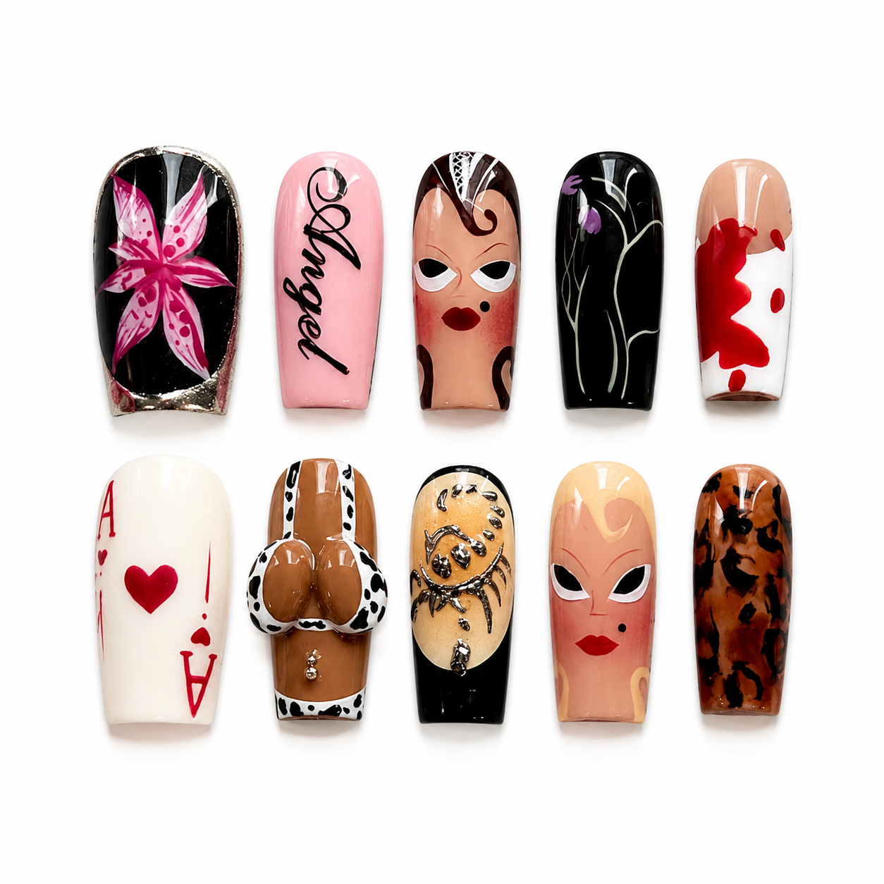 Glossy Y2K baddie mismatch press-on nails featuring a 3D bikini body charm, hand-painted portraits, Ace of Hearts, and a silver metallic scorpion.