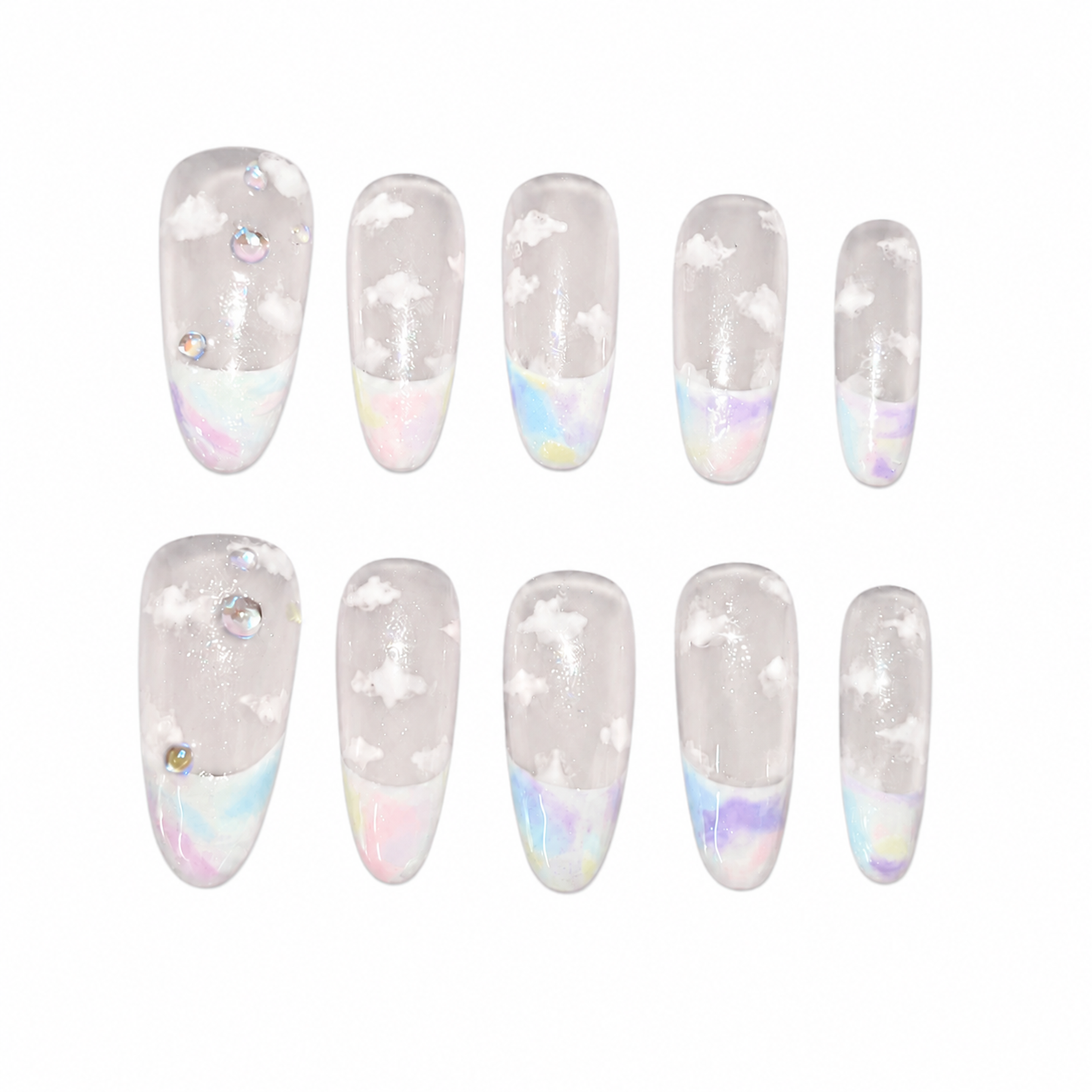 Glossy oval press-on nails with a sheer glitter base, hand-painted white clouds, pastel aurora watercolor French tips, and iridescent rhinestones.