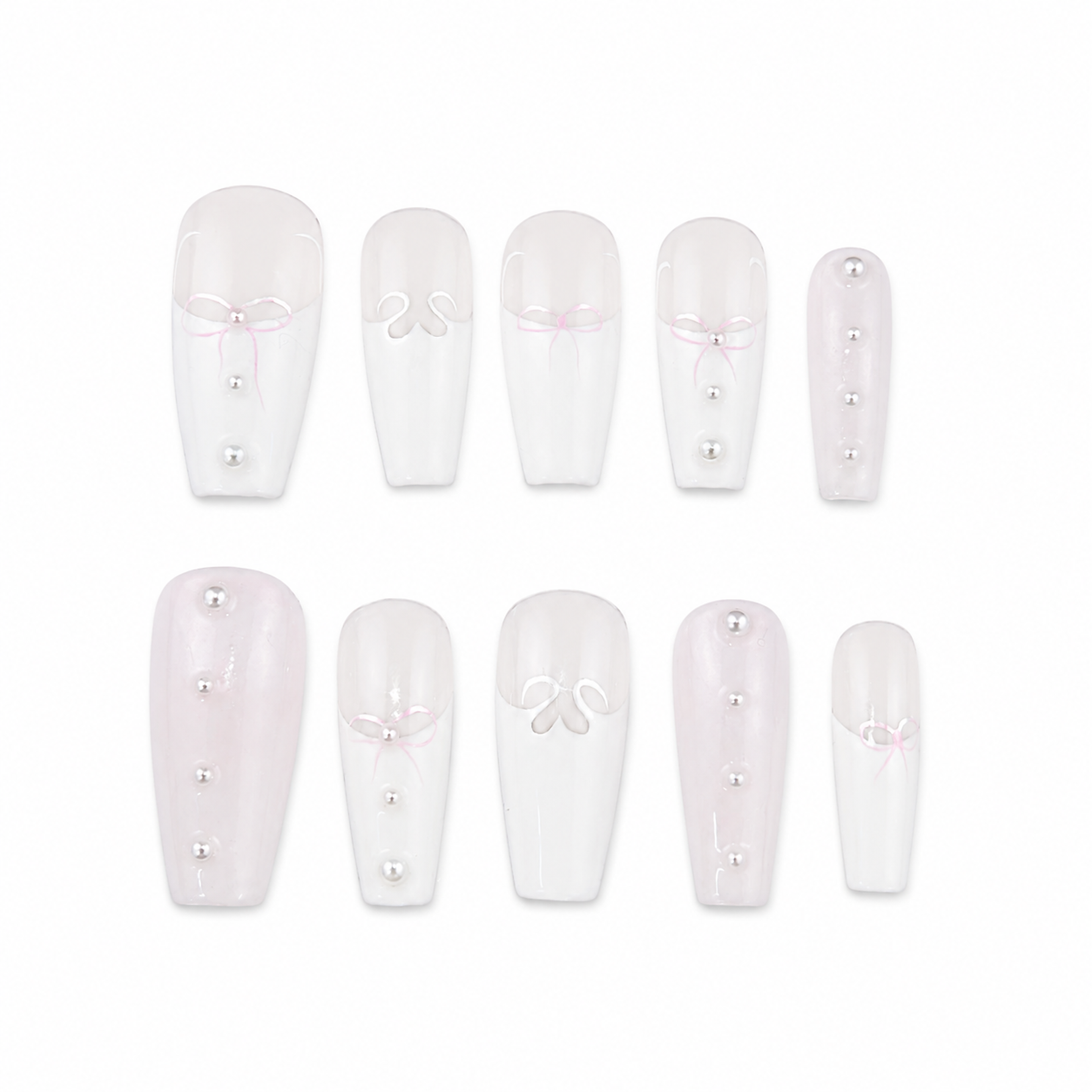 Glossy coffin press-on nails with a milky white base, porcelain French tips, hand-painted pink ribbons, 3D liquid silver bows, and elegant pearl details.