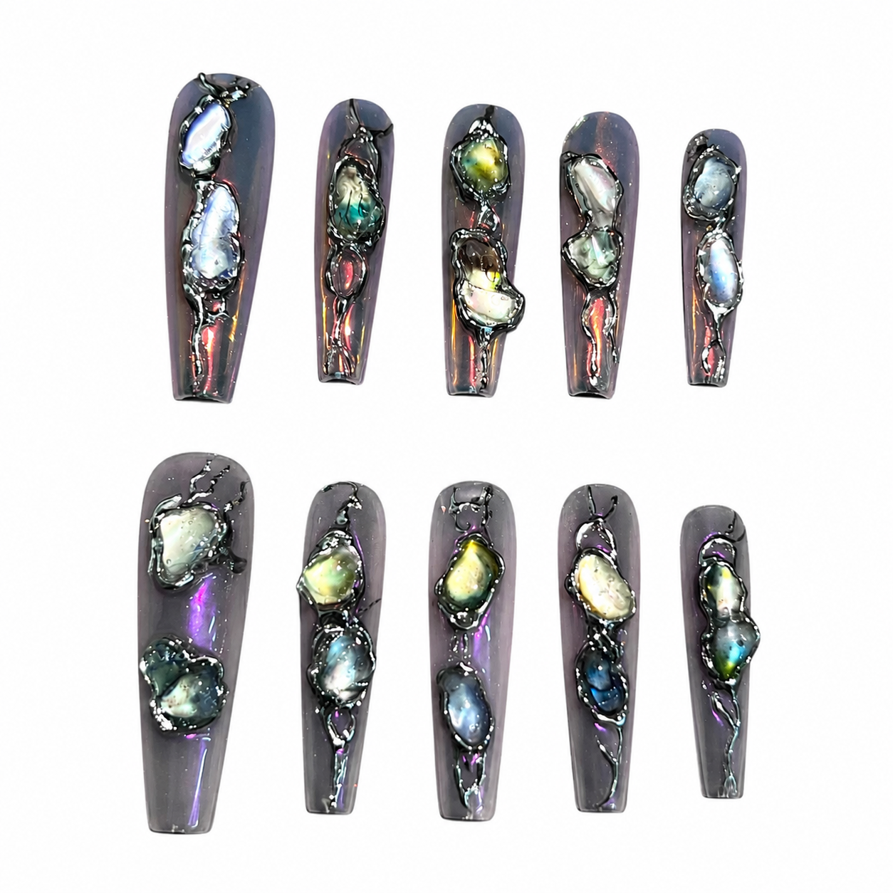 Glossy coffin press-on nails with a smoky translucent aurora base, organic iridescent abalone shell pieces, and 3D liquid gunmetal chrome frames.