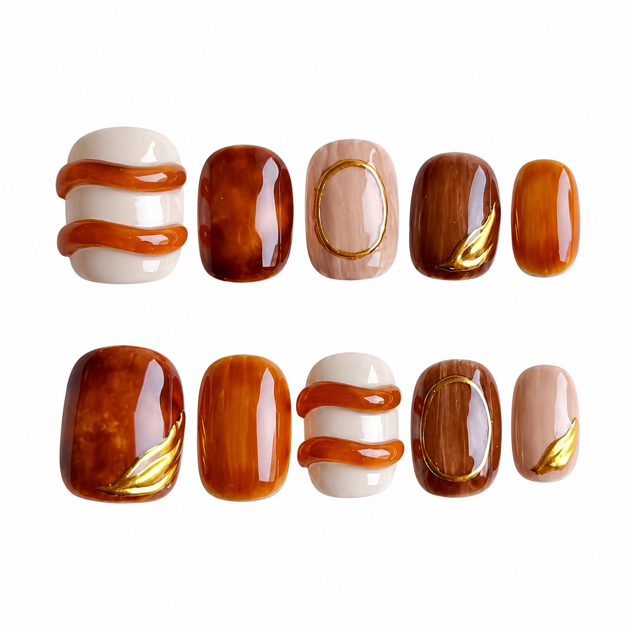 Glossy press-on nails featuring a caramel brown and nude watercolor smudge design, accented with 3D translucent amber waves and metallic gold chrome details.