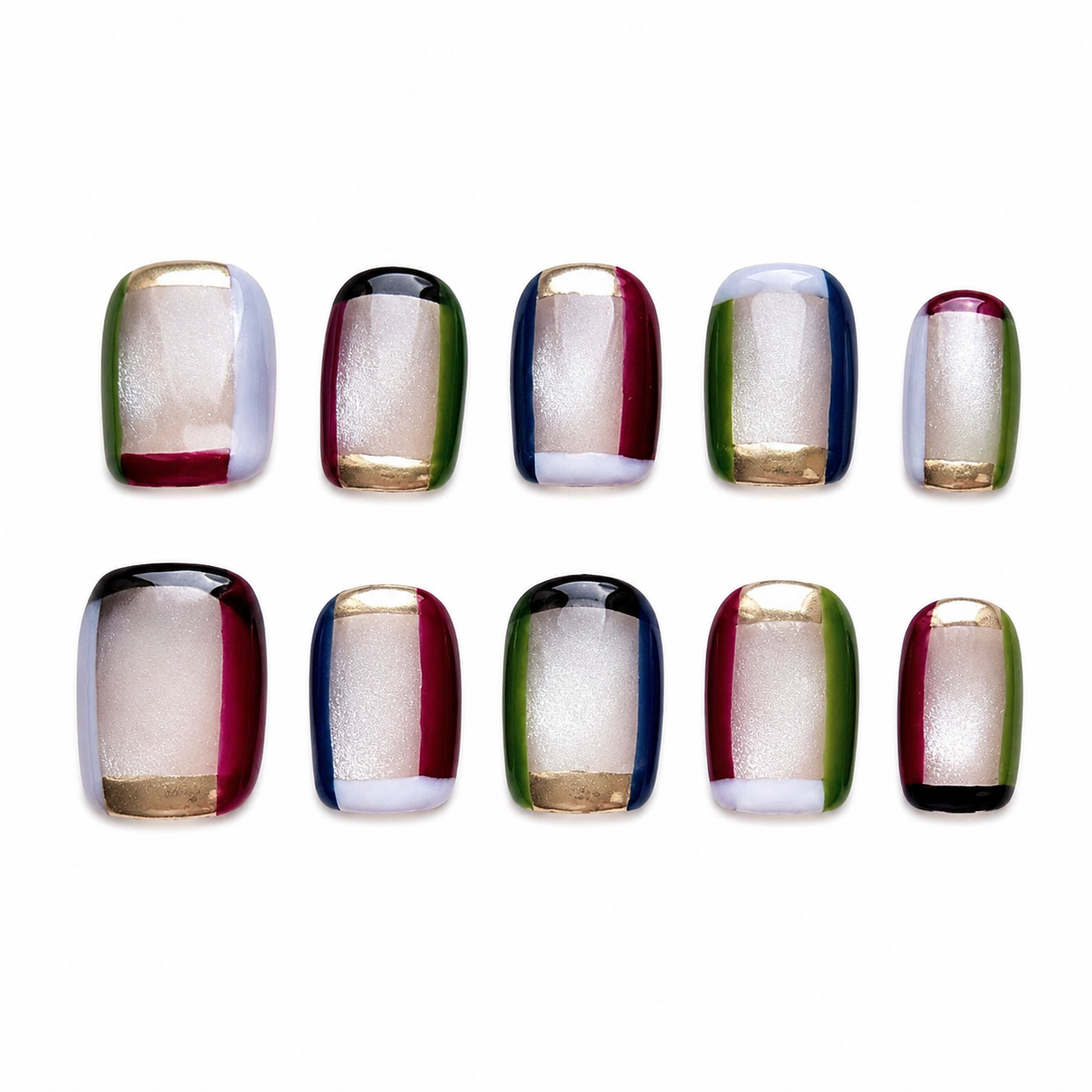 Glossy press-on nails featuring a silver cat-eye base framed by geometric blocks of translucent amber, green, navy, and wine red with gold chrome borders.