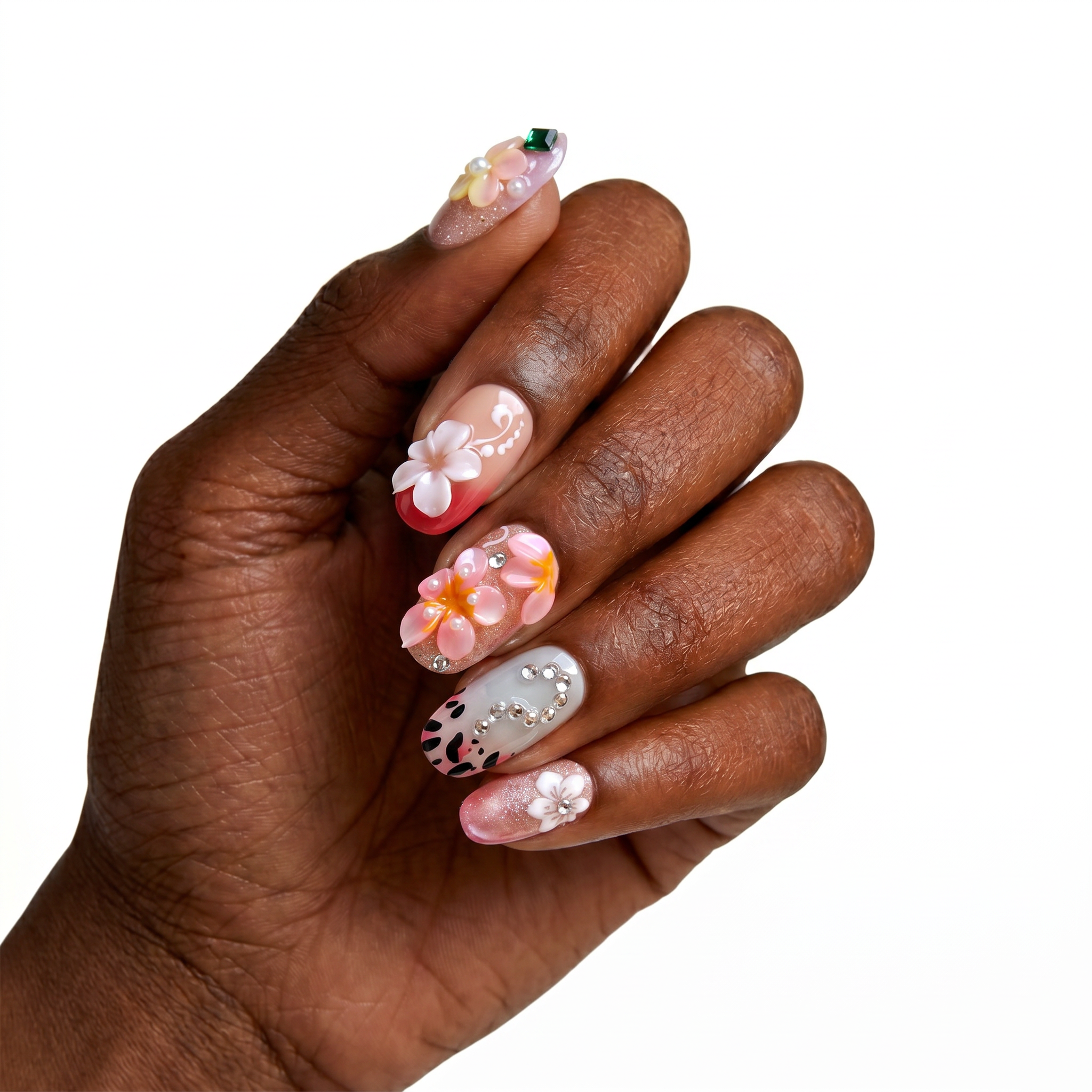 Y2K Gyaru Tropical Bloom & Rhinestone Swirls