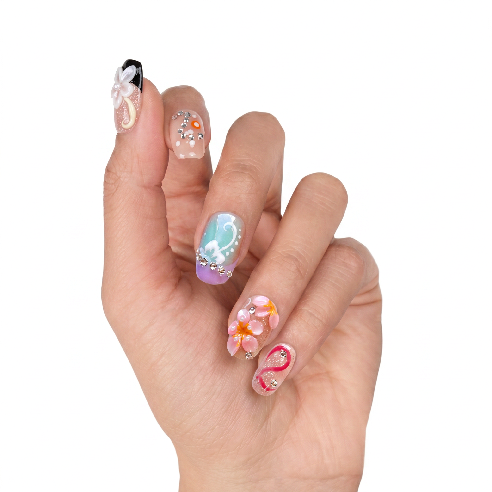Y2K Gyaru Tropical Bloom & Rhinestone Swirls