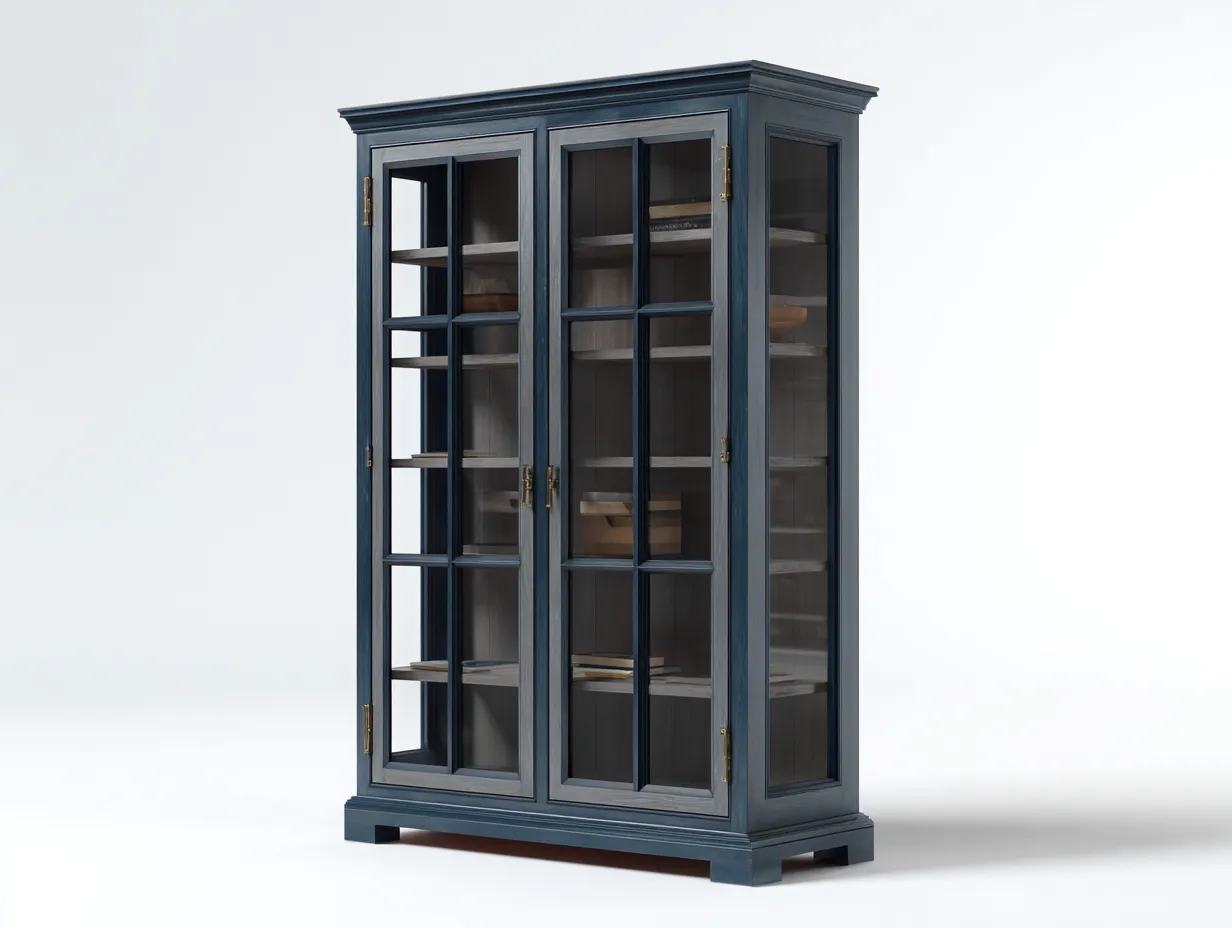 Vitrine en bois avec portes vitrées 90x40x180 cm - bleu foncé - style classique-Javoraihaus