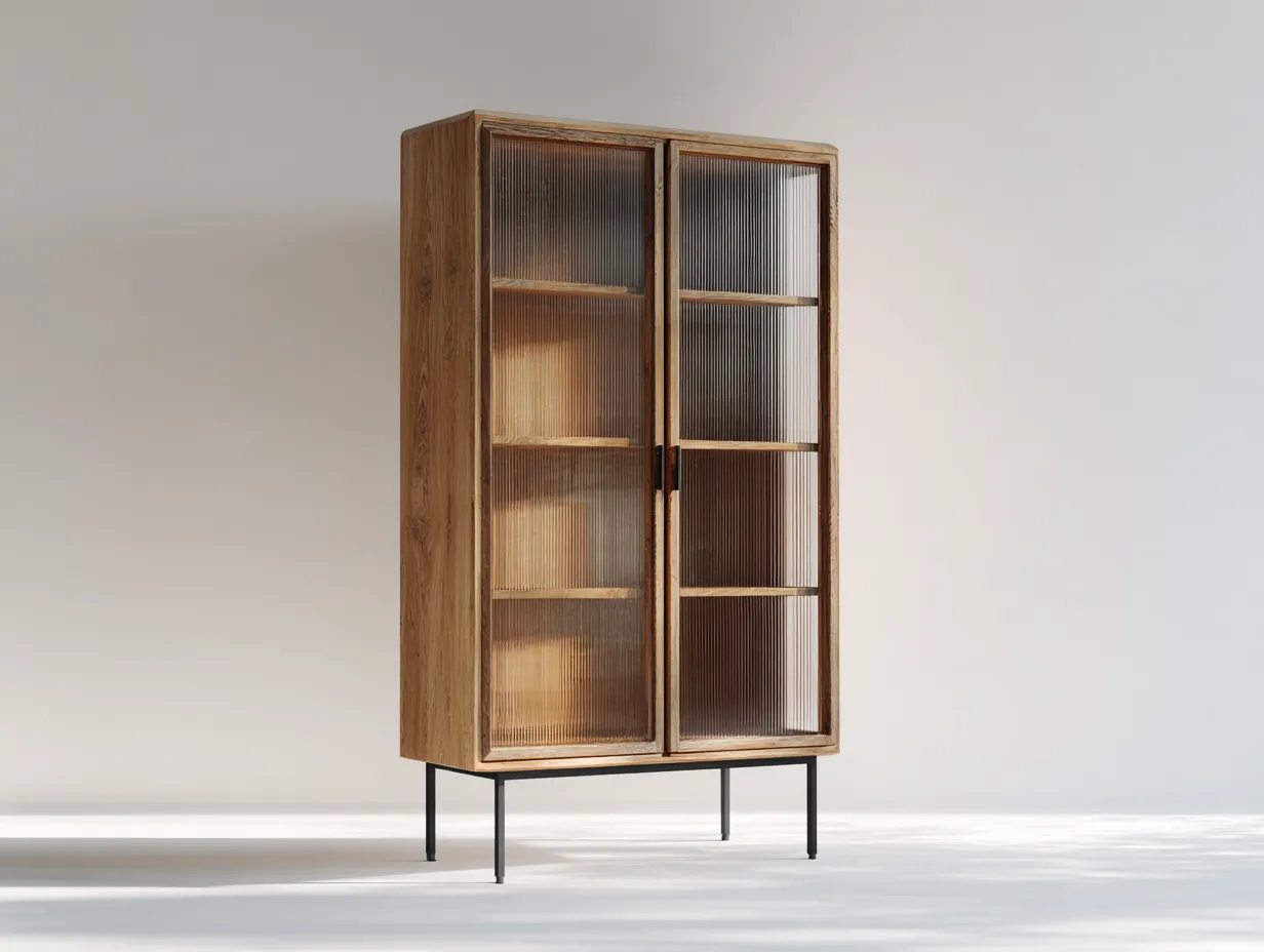 Vetrina - Legno-Vetro-Metallo - 78x38x155 cm - Naturale-Nero - Stile moderno-Riloistudio