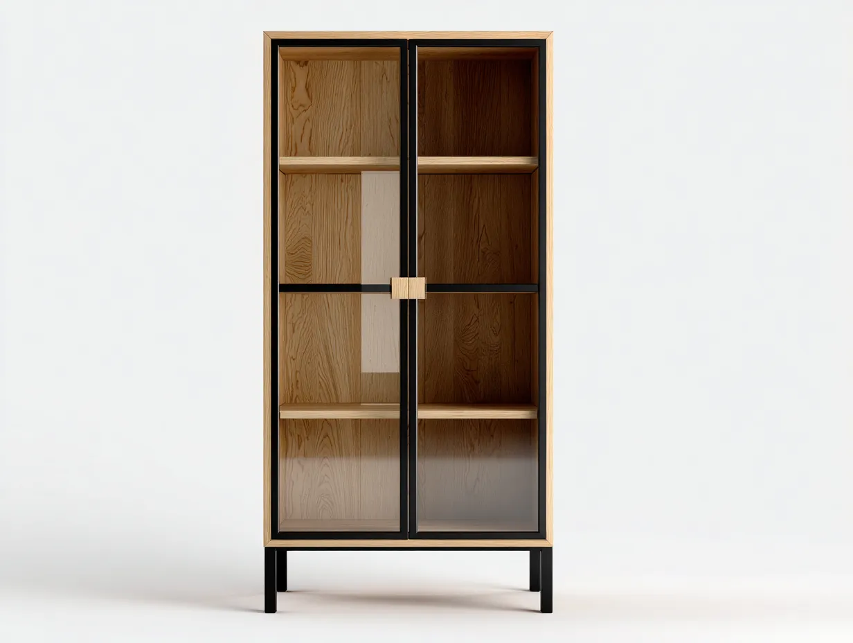 Vetrina - Legno-Vetro-Metallo - 80x40x160 cm - Naturale-Nero - Stile moderno-Riloistudio