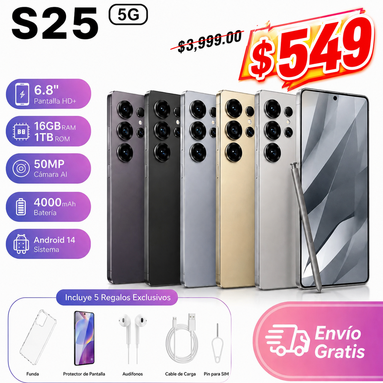 HOT SALE Celular Inteligente S25 5G con Pantalla 6.8" Cámara 108MP IA 1TB Doble SIM Batería 6800mAh Oferta Especial