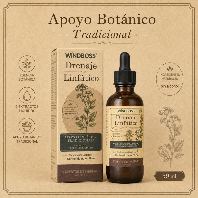WindBoss Drenaje Linfático 59 ml | 9 Extractos Botánicos con Saúco, Diente de León, Bardana y Equinácea | Fórmula Líquida Sin Alcohol con Gotero