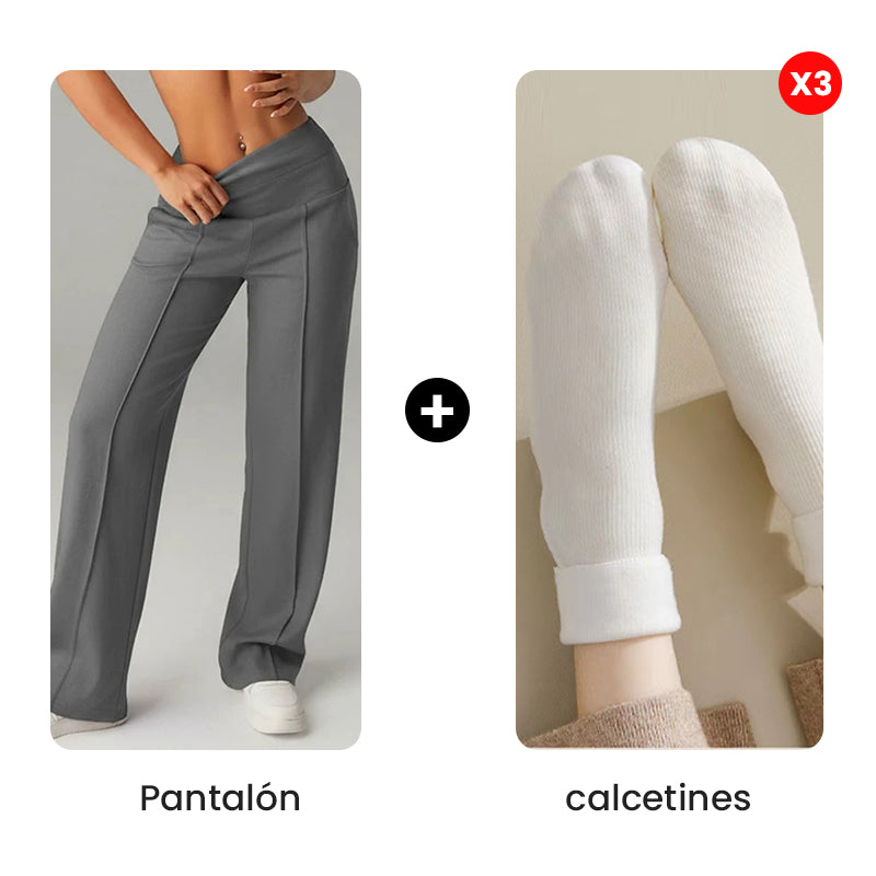 Pantalones casuales de mujer de cintura alta y pierna ancha -💖 Tejido Elástico Cómodo + Bolsillos Prácticos - Ideal para Trabajo, Paseos y Casa! ✨