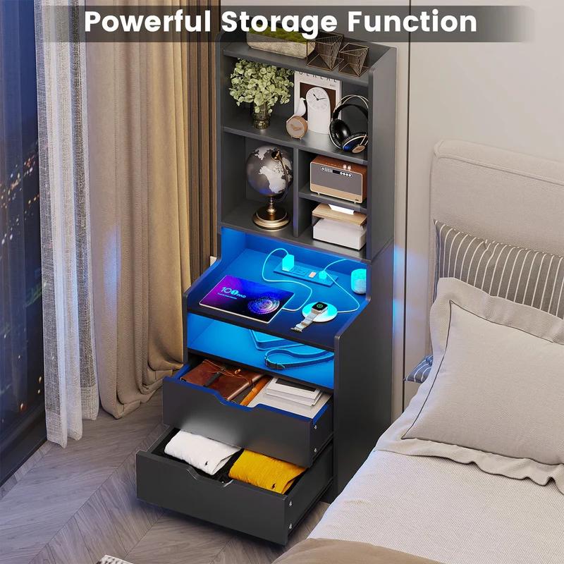 Sikaic Buró Alto con Estación de Carga y Luces LED | Mesa de Noche con Librero, Cajones y Tomas de Corriente | Mesa Auxiliar Lateral para Recámara, Mueble para Hogar y Esencial para Estudiantes