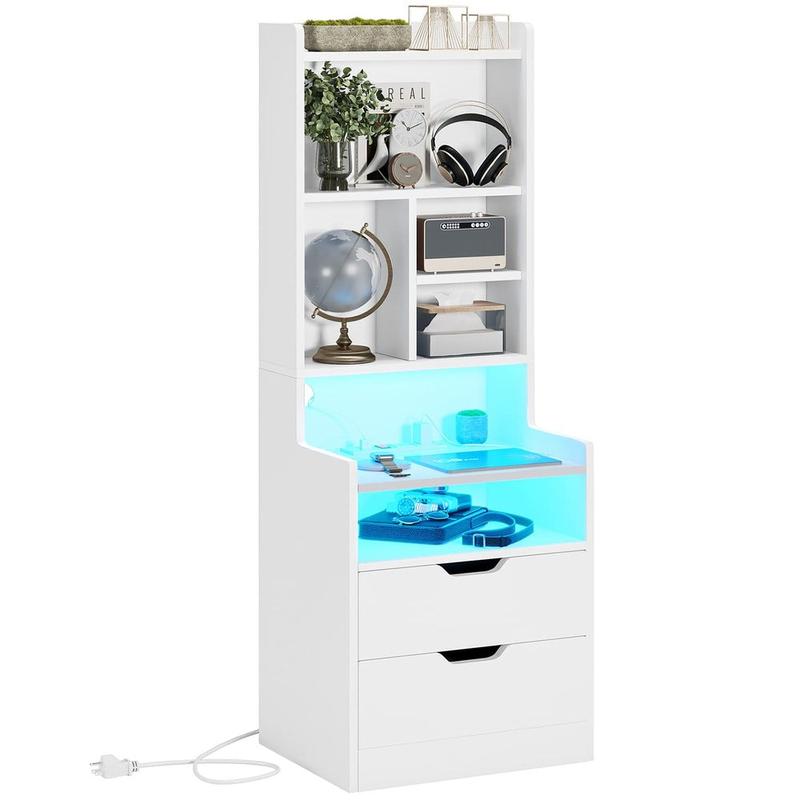 Sikaic Buró Alto con Estación de Carga y Luces LED | Mesa de Noche con Librero, Cajones y Tomas de Corriente | Mesa Auxiliar Lateral para Recámara, Mueble para Hogar y Esencial para Estudiantes