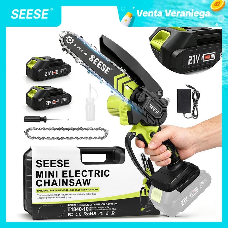 SEESE Mini motosierra inalámbrica 6”, motor sin escobillas,Equipado con dos baterías de 2000 mAh y 21 V – Ideal para poda, jardinería y corte de madera
