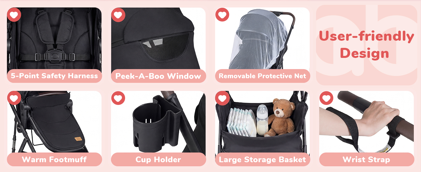 baby stroller with cup holder, large storage basket, wrist strap