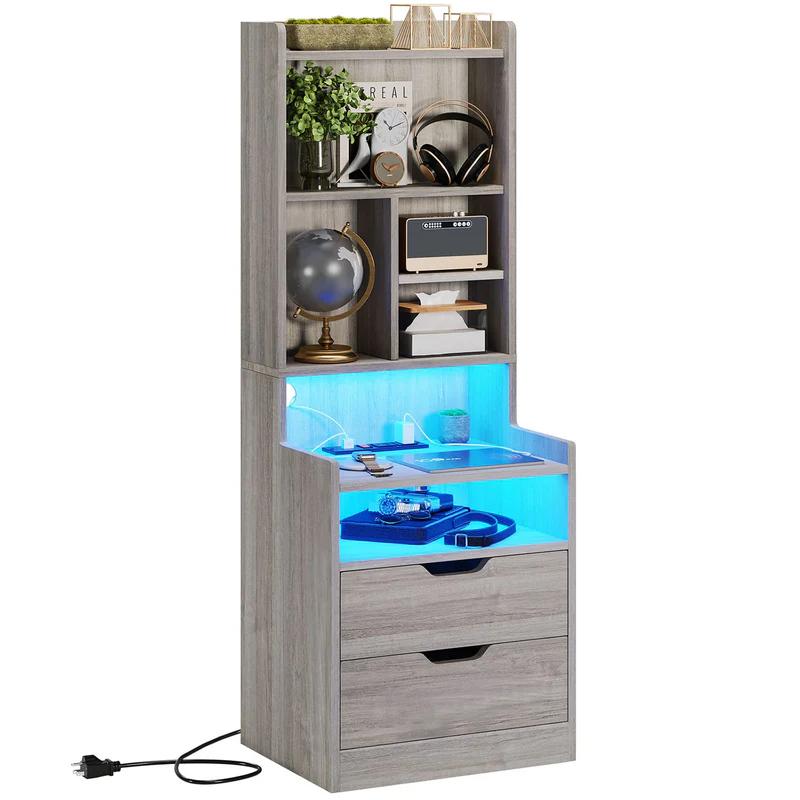 Sikaic Buró Alto con Estación de Carga y Luces LED | Mesa de Noche con Librero, Cajones y Tomas de Corriente | Mesa Auxiliar Lateral para Recámara, Mueble para Hogar y Esencial para Estudiantes