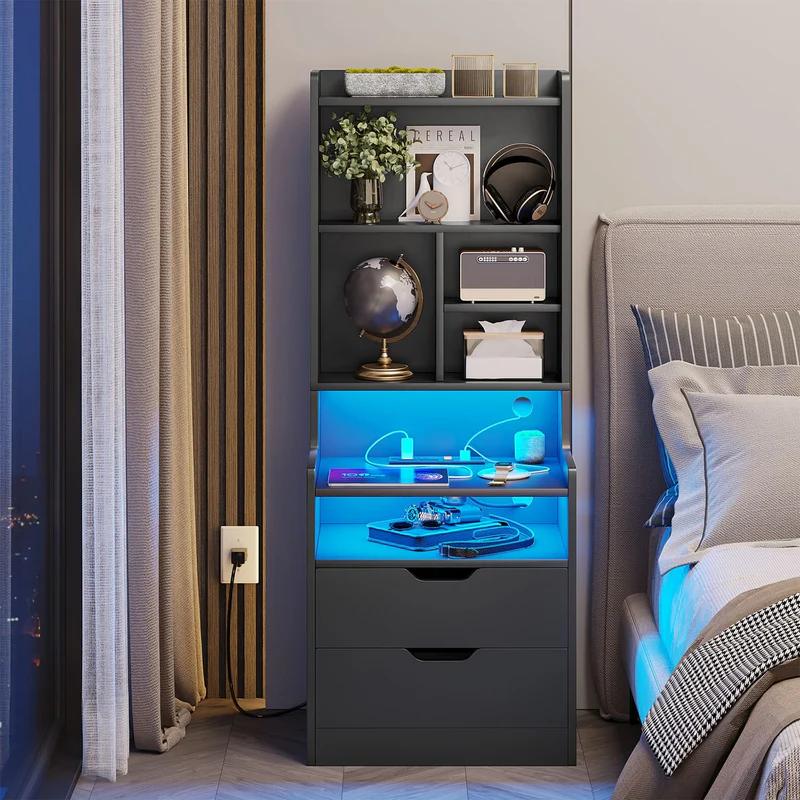 Sikaic Buró Alto con Estación de Carga y Luces LED | Mesa de Noche con Librero, Cajones y Tomas de Corriente | Mesa Auxiliar Lateral para Recámara, Mueble para Hogar y Esencial para Estudiantes