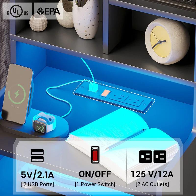 Sikaic Buró Alto con Estación de Carga y Luces LED | Mesa de Noche con Librero, Cajones y Tomas de Corriente | Mesa Auxiliar Lateral para Recámara, Mueble para Hogar y Esencial para Estudiantes