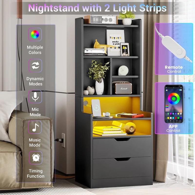 Sikaic Buró Alto con Estación de Carga y Luces LED | Mesa de Noche con Librero, Cajones y Tomas de Corriente | Mesa Auxiliar Lateral para Recámara, Mueble para Hogar y Esencial para Estudiantes