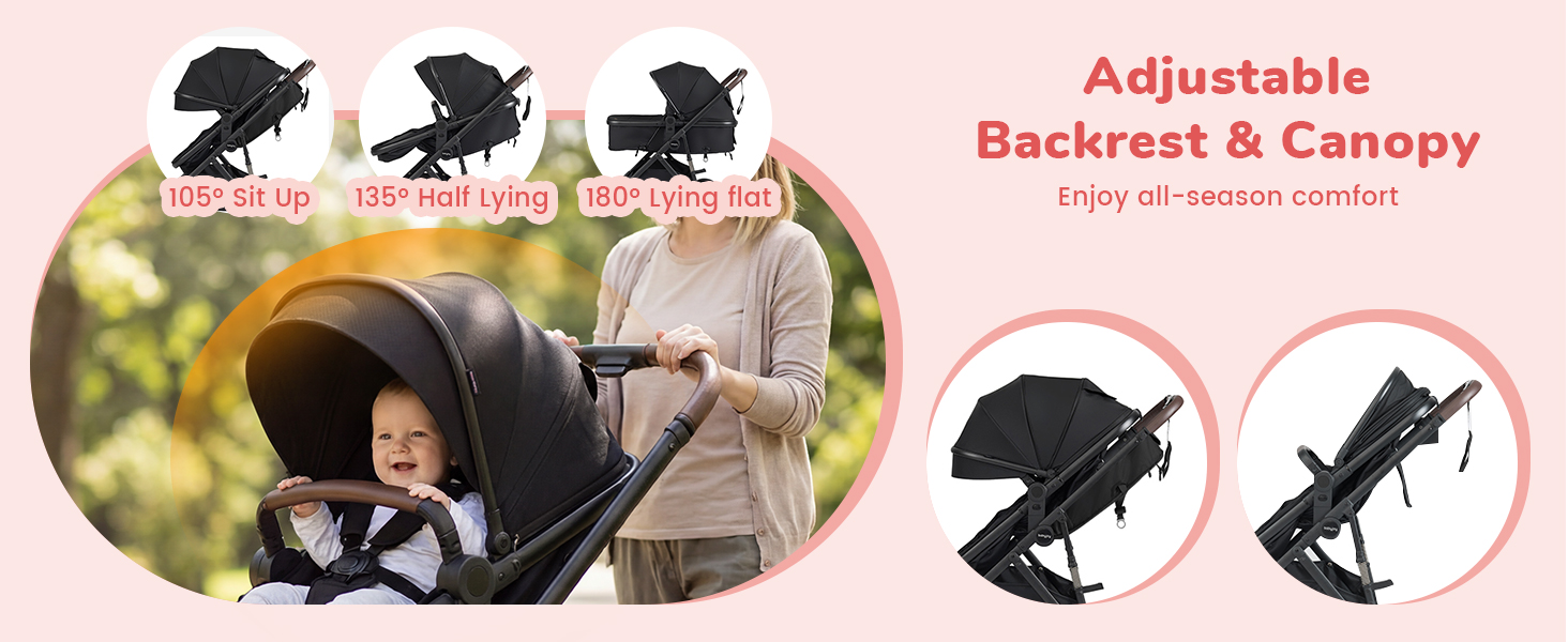 baby stroller with adjustable backrest and canopy