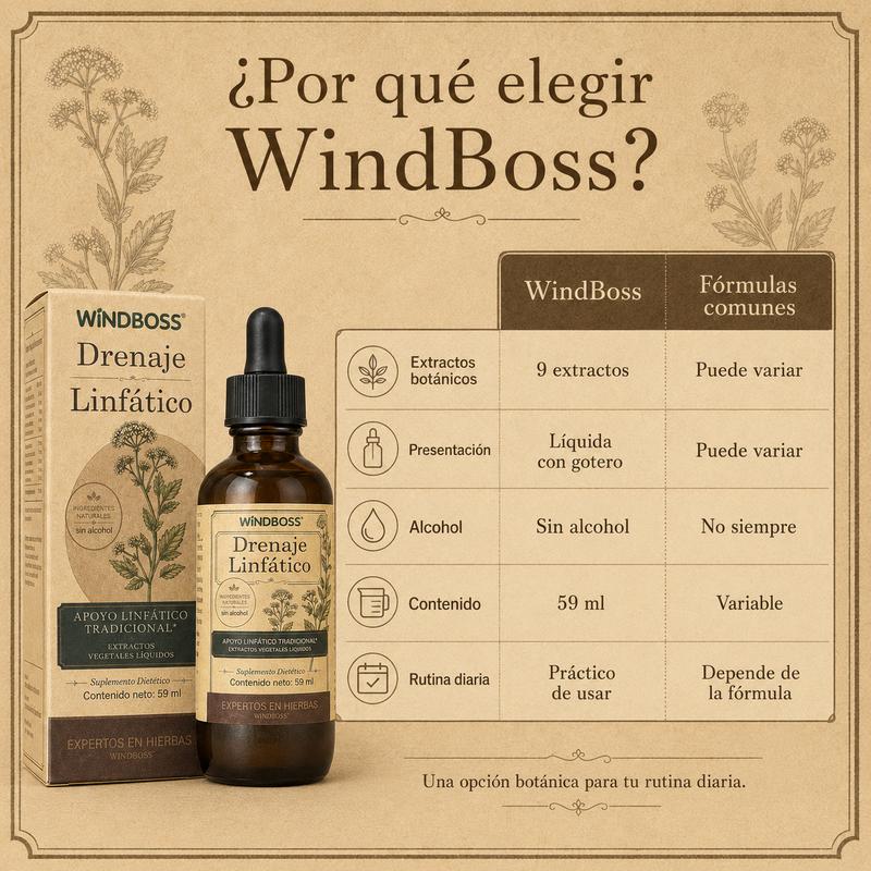 WindBoss Drenaje Linfático 59 ml | 9 Extractos Botánicos con Saúco, Diente de León, Bardana y Equinácea | Fórmula Líquida Sin Alcohol con Gotero