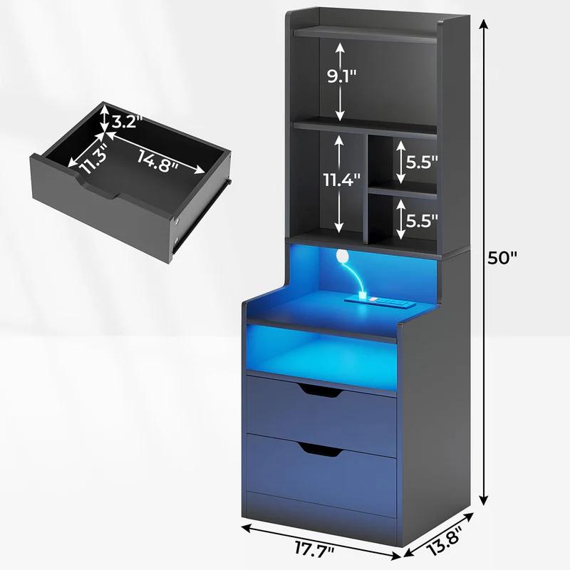 Sikaic Buró Alto con Estación de Carga y Luces LED | Mesa de Noche con Librero, Cajones y Tomas de Corriente | Mesa Auxiliar Lateral para Recámara, Mueble para Hogar y Esencial para Estudiantes