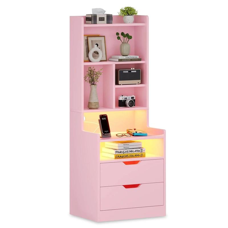 Sikaic Buró Alto con Estación de Carga y Luces LED | Mesa de Noche con Librero, Cajones y Tomas de Corriente | Mesa Auxiliar Lateral para Recámara, Mueble para Hogar y Esencial para Estudiantes