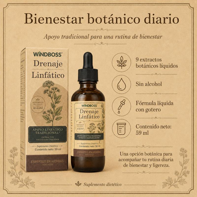 WindBoss Drenaje Linfático 59 ml | 9 Extractos Botánicos con Saúco, Diente de León, Bardana y Equinácea | Fórmula Líquida Sin Alcohol con Gotero