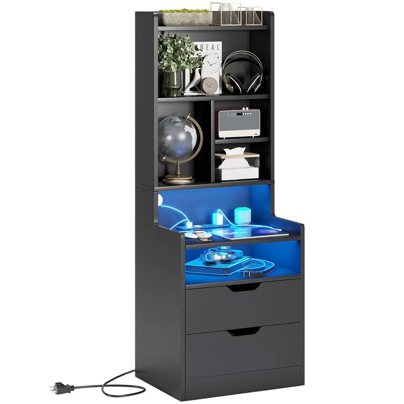 Sikaic Buró Alto con Estación de Carga y Luces LED | Mesa de Noche con Librero, Cajones y Tomas de Corriente | Mesa Auxiliar Lateral para Recámara, Mueble para Hogar y Esencial para Estudiantes