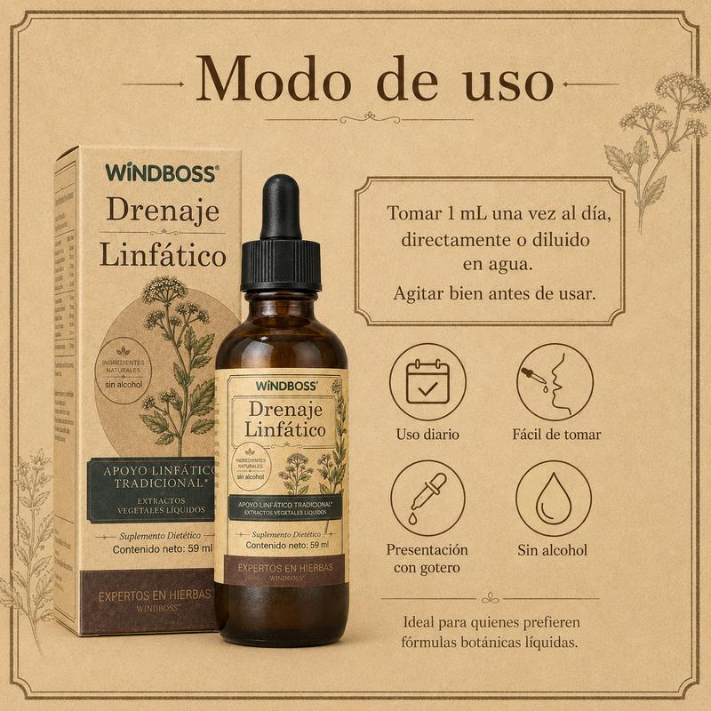 WindBoss Drenaje Linfático 59 ml | 9 Extractos Botánicos con Saúco, Diente de León, Bardana y Equinácea | Fórmula Líquida Sin Alcohol con Gotero