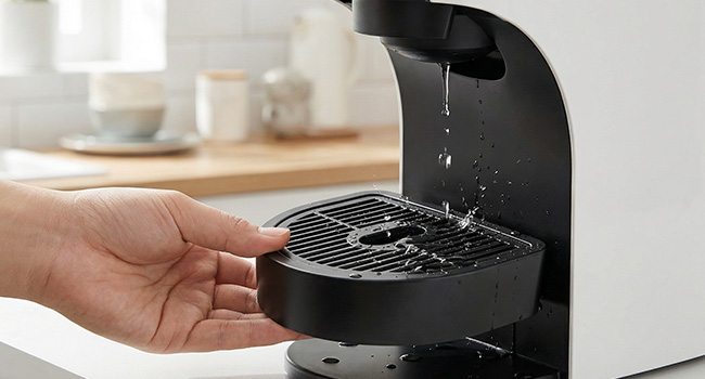 Plusieurs vues d'un dispositif de recharge sans fil noir montrant différentes positions et configurations de charge sur une surface blanche avec une tasse à café en arrière-plan.