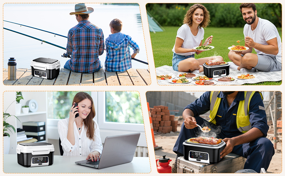Varias im&aacute;genes de estilo de vida que muestran a personas disfrutando de comer al aire libre y socializando, con varias escenas de comidas y reuniones al aire libre.