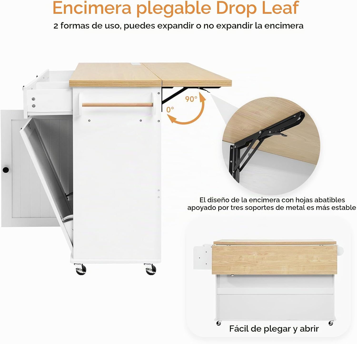 ONBRILL Isla de Cocina de 60 Pulgadas con Toma de Corriente y Hoja de Gota, Carrito Rodante con Estante para Especias y Toallero, Soporte para Cuchillos, Gabinete y Cajones, Color Blanco + Café
