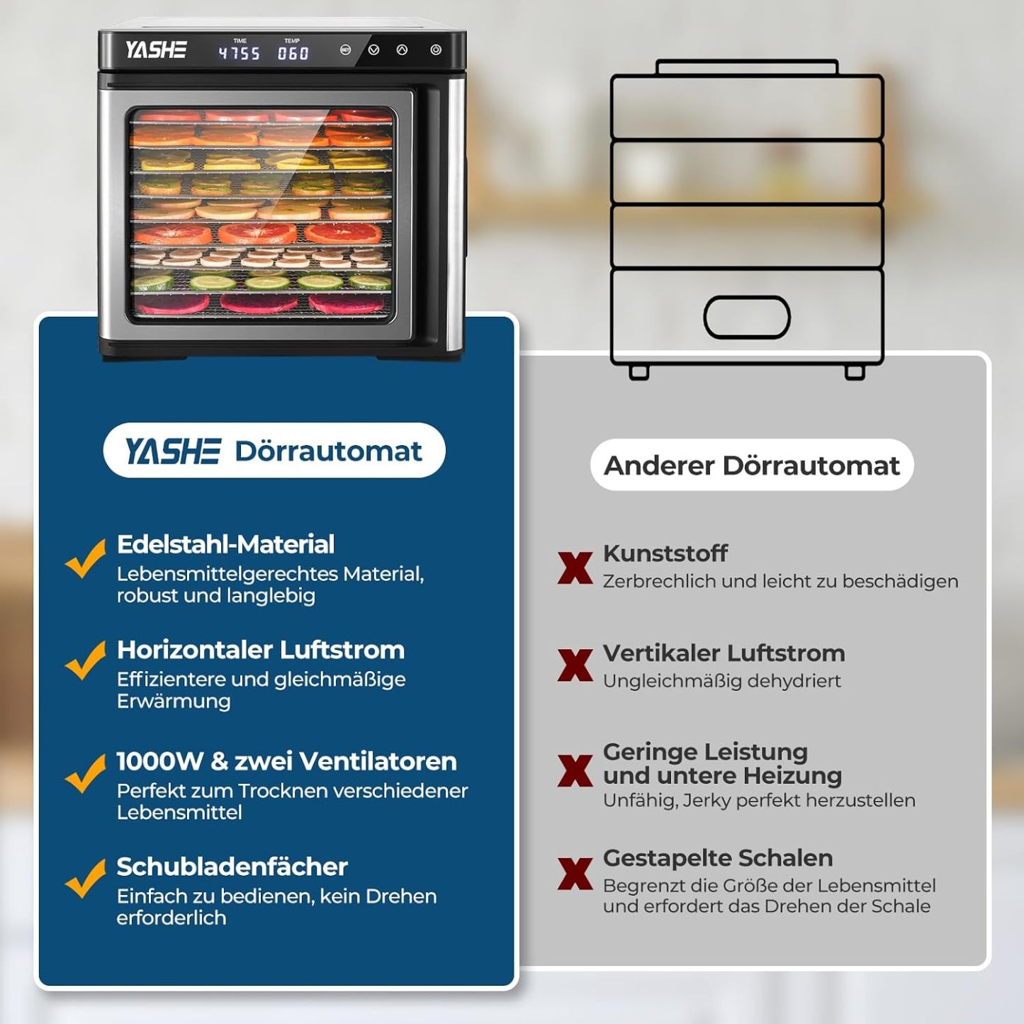 Deshidratador de acero inoxidable, 1000 W, deshidratador para frutas y verduras con indicador LED, control preciso de la temperatura (35-75 °C), temporizador de 48 horas, 9 cuencos de acero