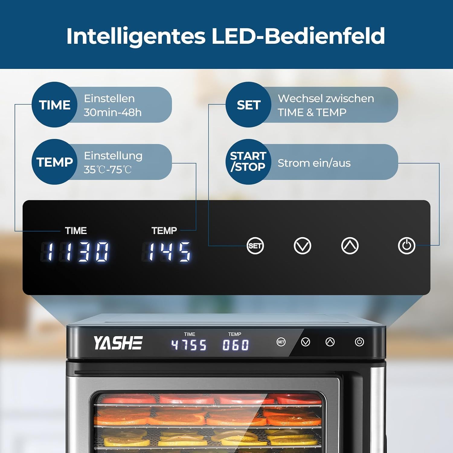 Deshidratador de acero inoxidable, 1000 W, deshidratador para frutas y verduras con indicador LED, control preciso de la temperatura (35-75 °C), temporizador de 48 horas, 9 cuencos de acero